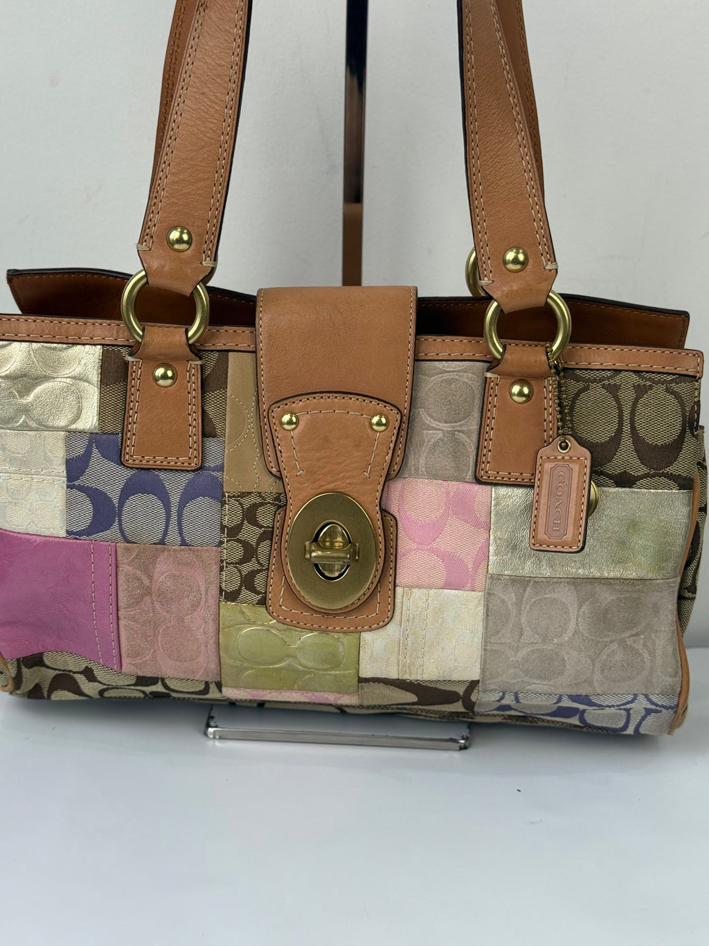 Vintage Coach Multicolour Patchwork Tote Bag Coach TurnLock Handbag 00s Y2K
