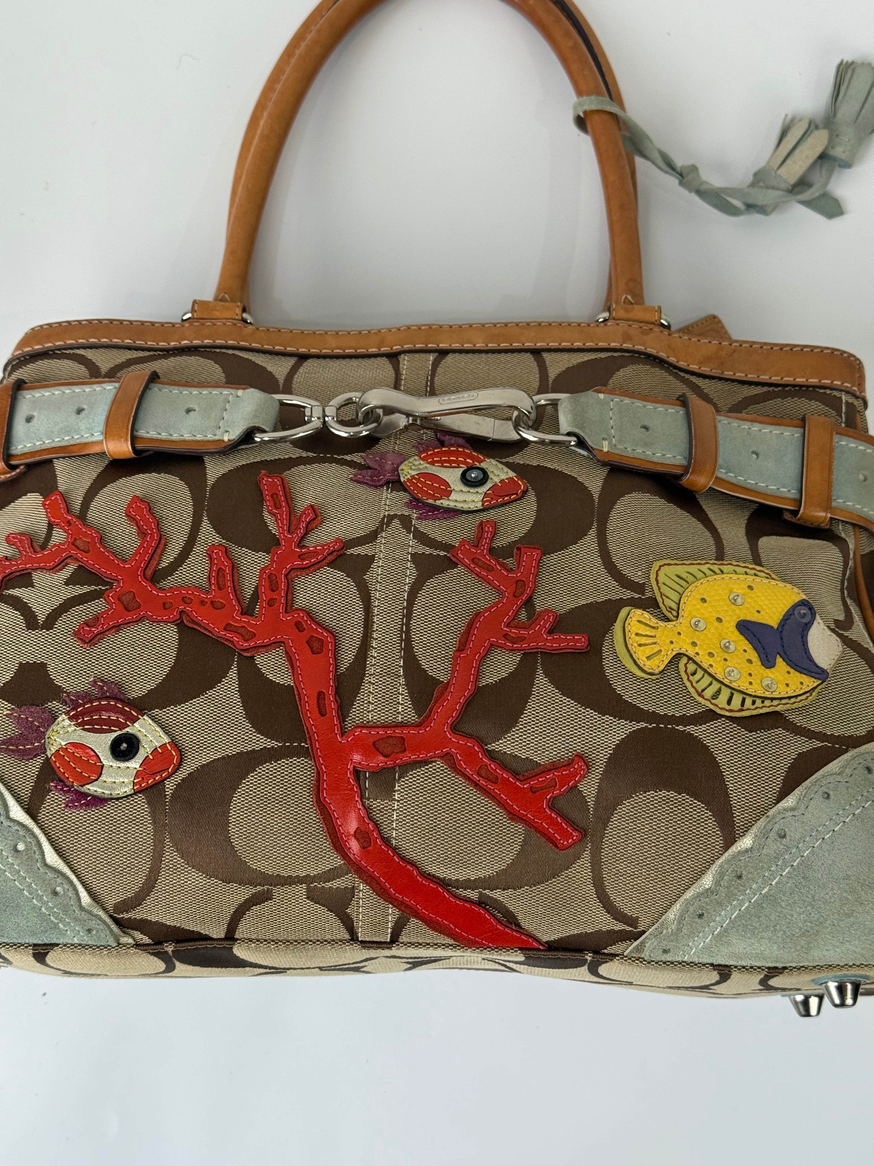 Super Rare Vintage Coach Signature Fish & Coral Appliqué Bag Coach Hampton Leather Satchel Handbag 00s Y2K