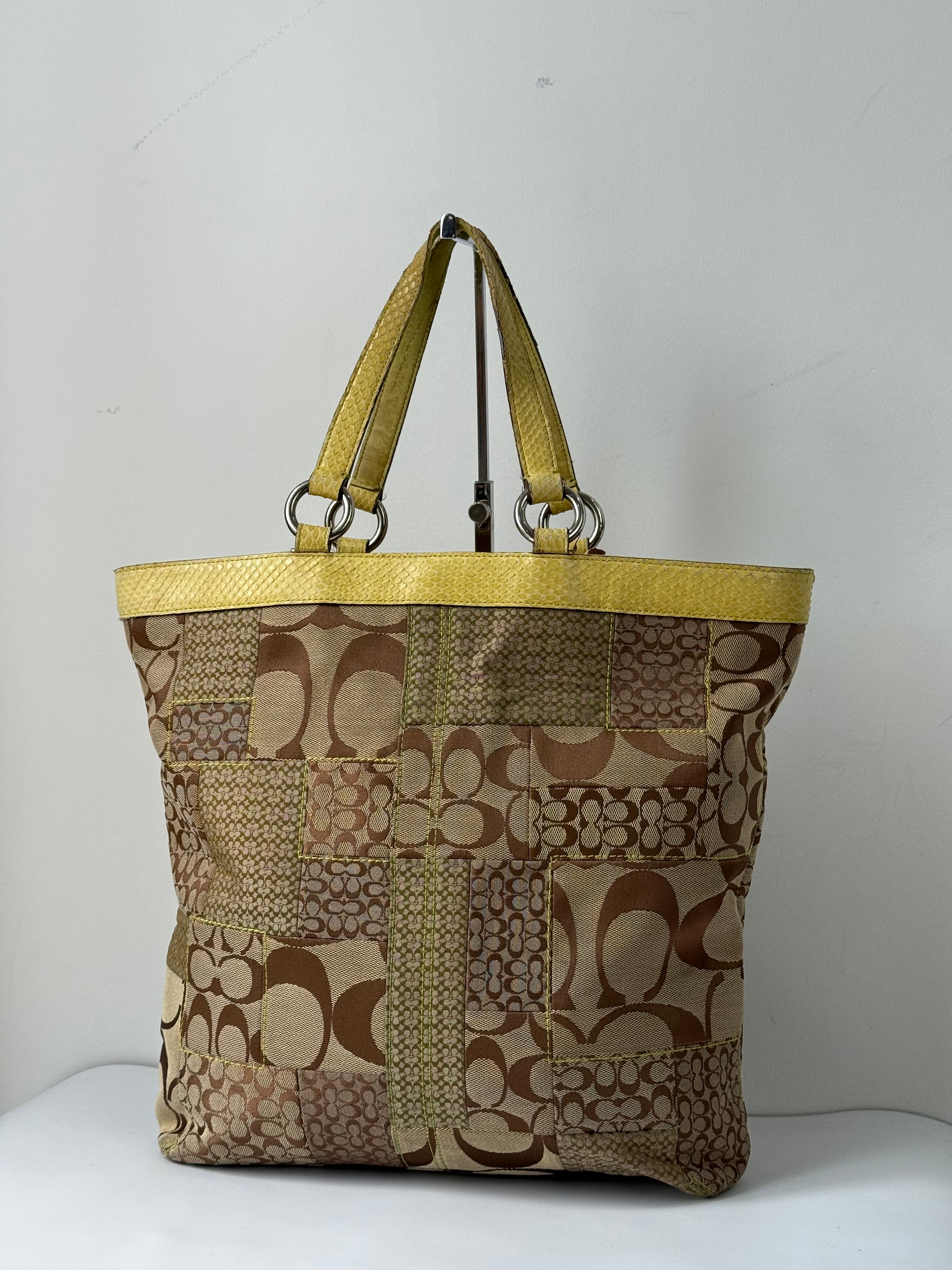 Vintage Coach Patchwork Tote Bag Coach Brown Signature Yellow Leather Handbag 00s Y2K
