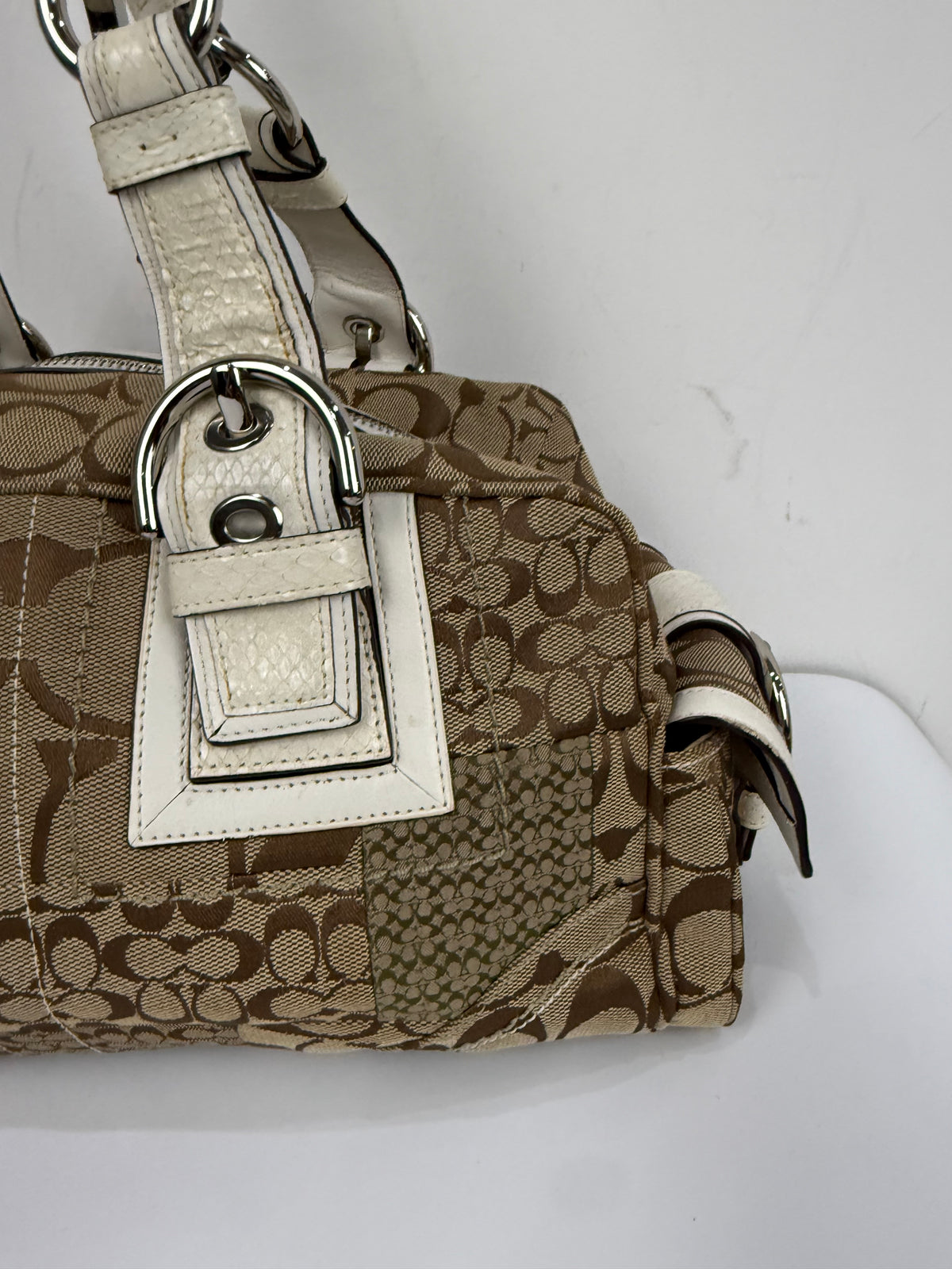 Vintage Coach Brown Patchwork Boston Satchel Soho Mia Signature Shoulder Bag 00s Y2K