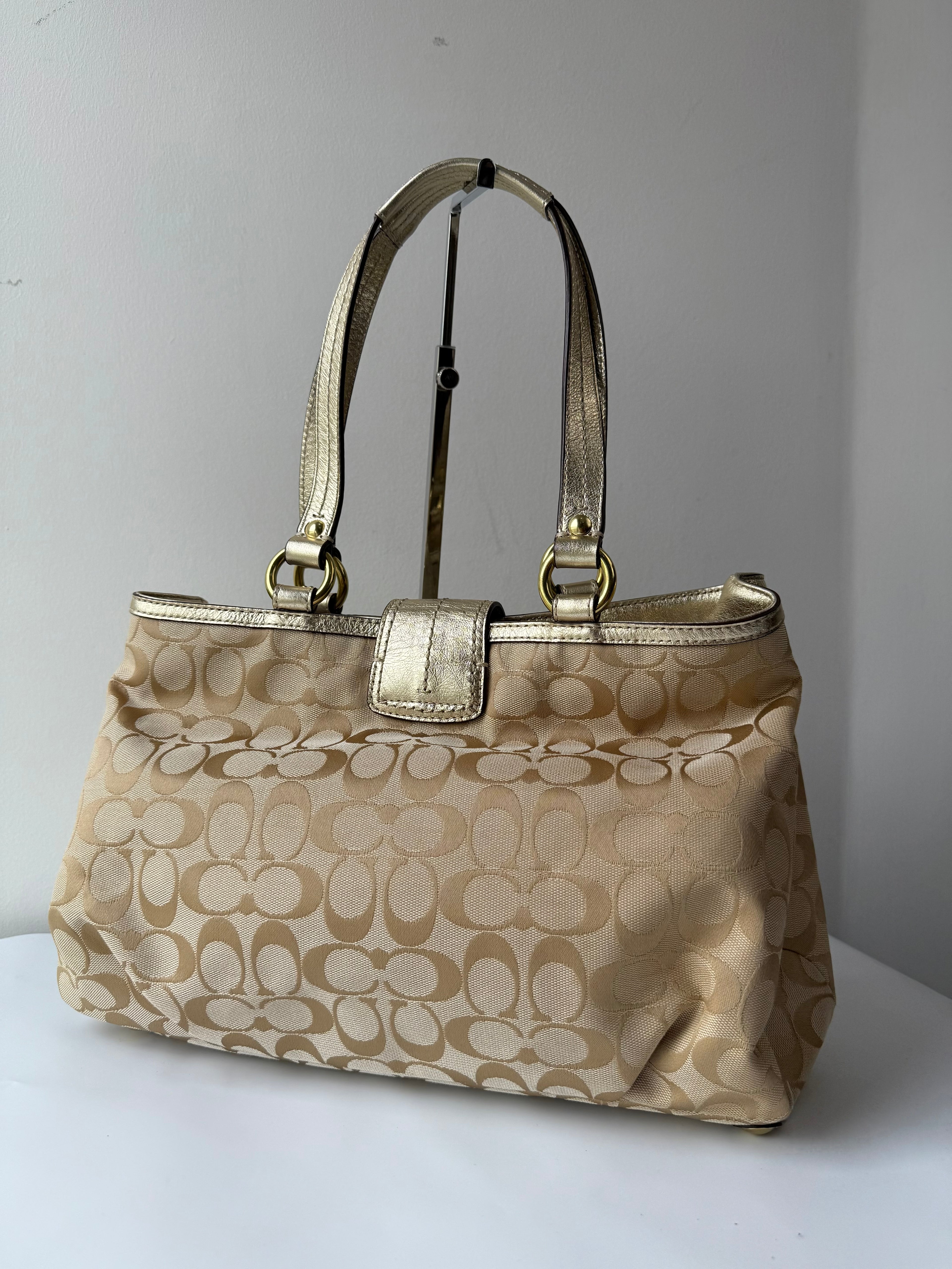 Vintage Coach Soho Signature Tote Bag Cream & Gold Canvas Shoulder Bag 00s Y2K