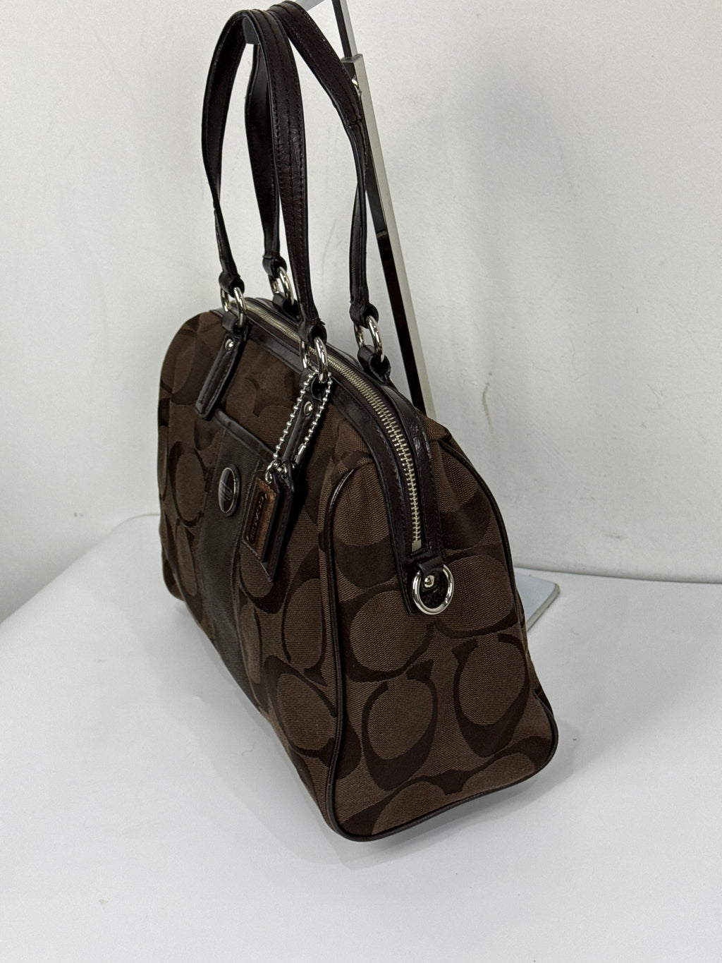 Vintage Coach Signature Stripe Pocket Satchel Bag Dark Brown Tote Bag Y2K