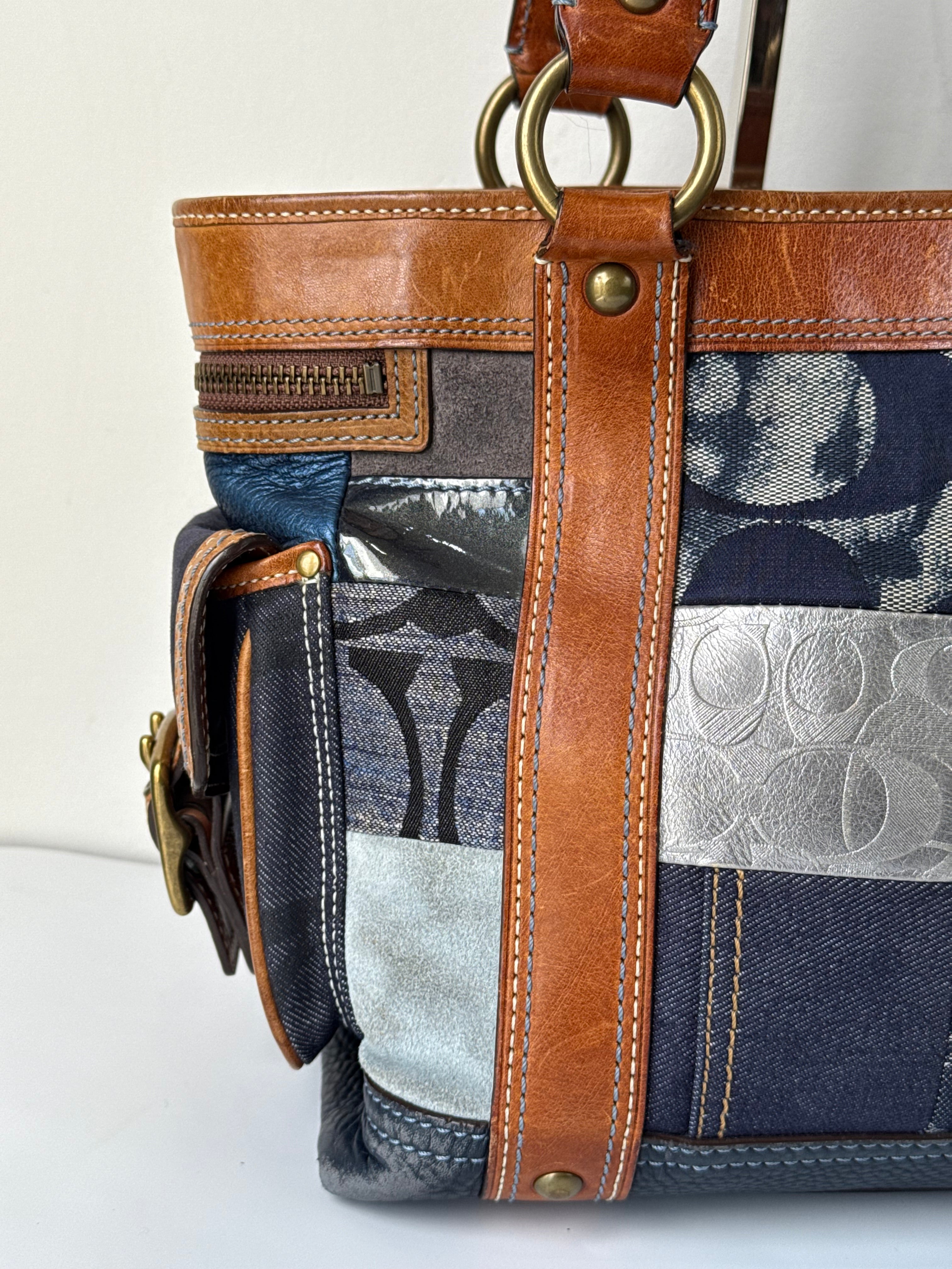 Vintage Coach Blue Denim Patchwork Tote Bag Coach Signature Leather Handbag 00s Y2K