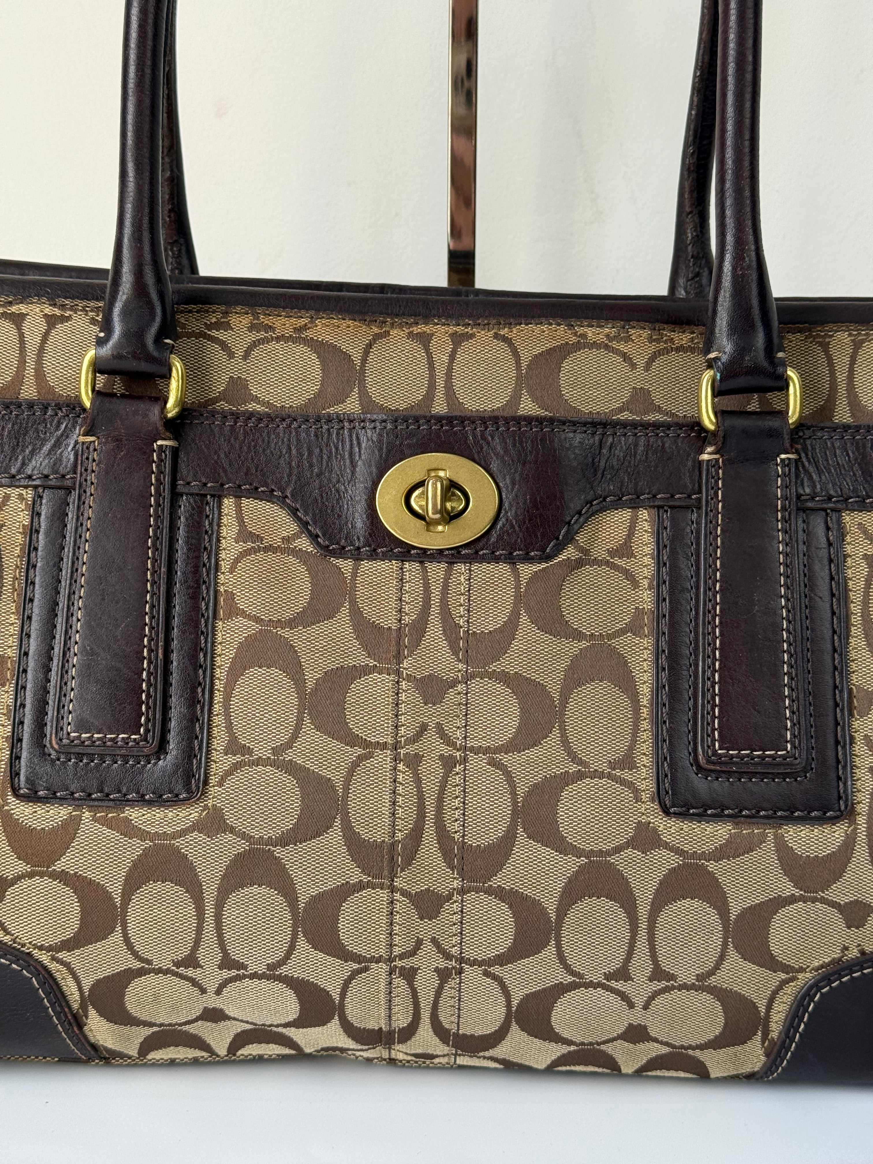 Vintage Coach Hampton Tote Bag Brown & Beige Signature Shoulder Bag 00s Y2K Handbag