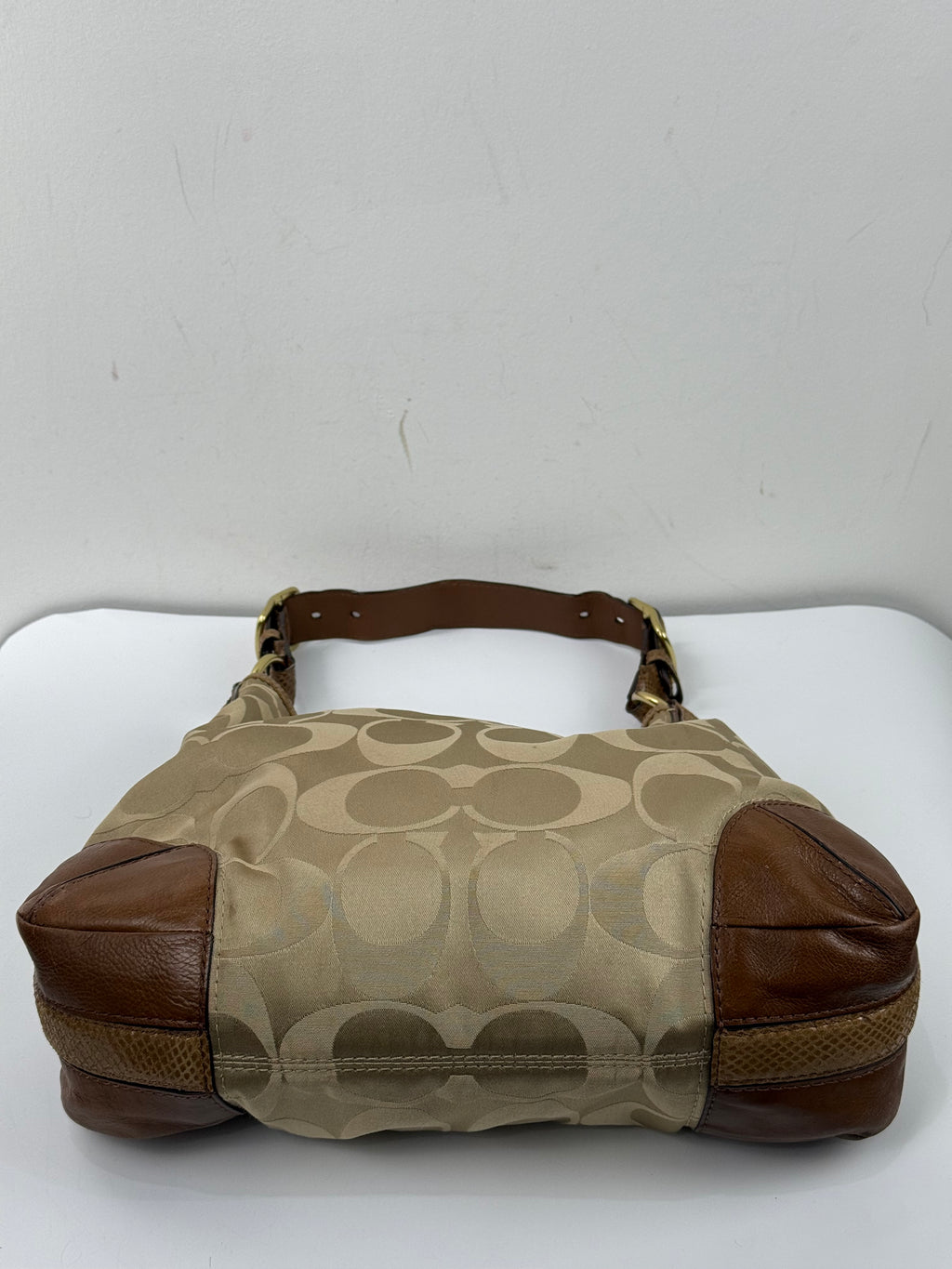 Vintage Coach Peyton Signature Satin Hobo Bag Beige & Brown Coach Shoulder Bag 00s Y2K
