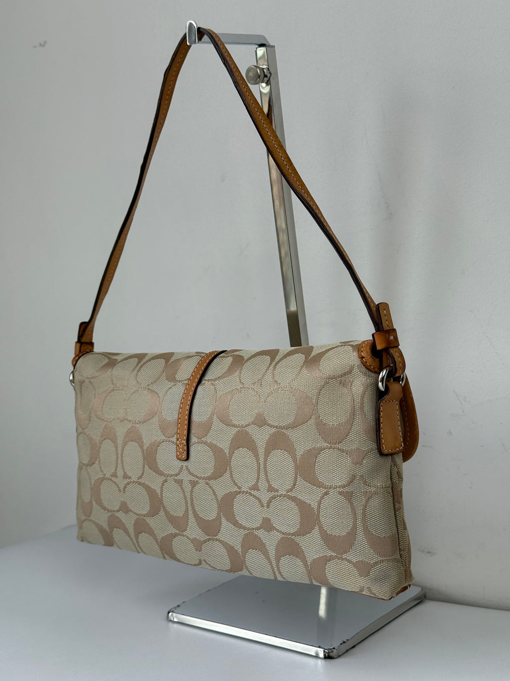 Vintage Coach Demi Clip Bag Beige and Blue Signature Canvas Shoulder Bag Y2K