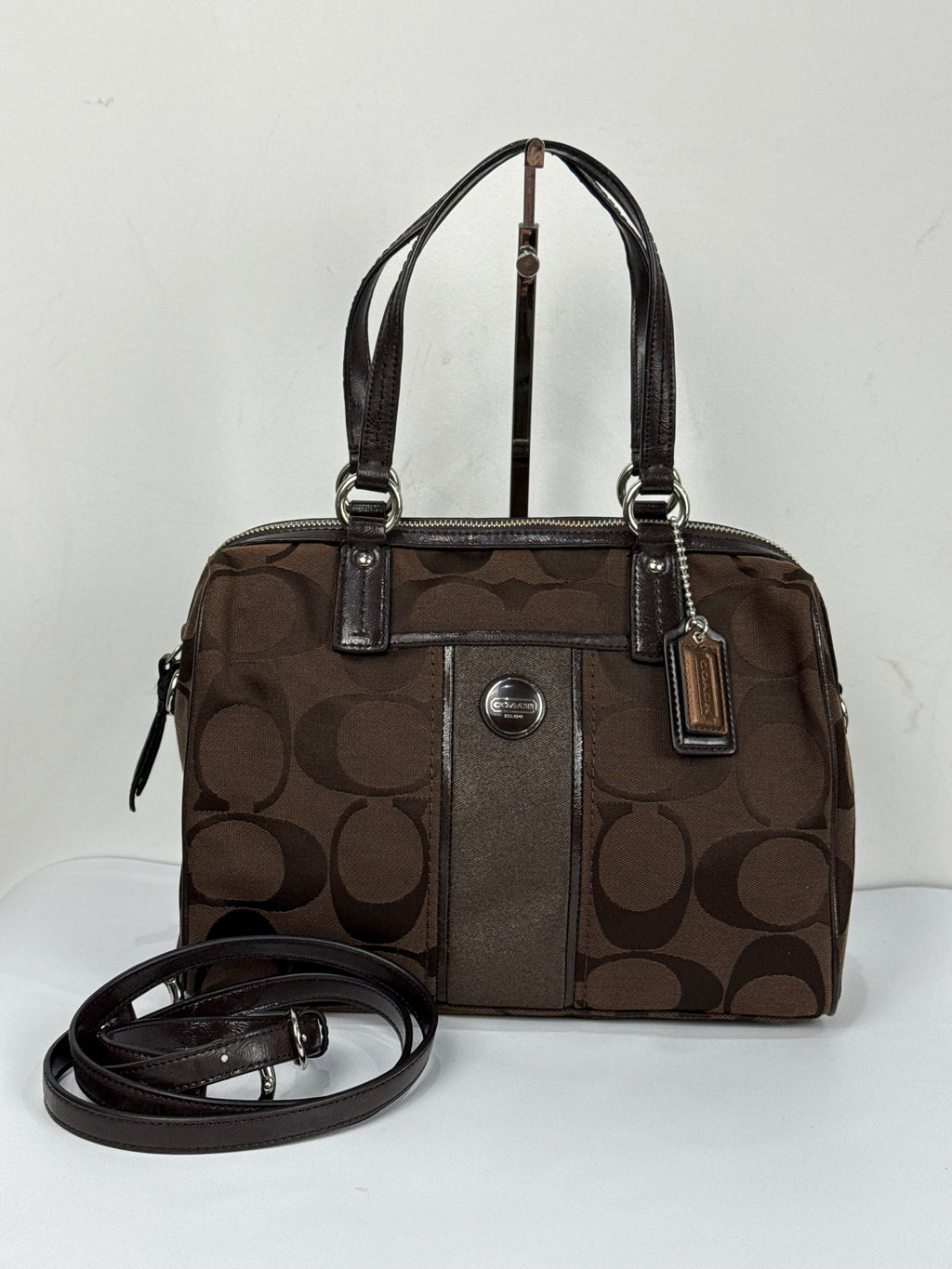 Vintage Coach Signature Stripe Pocket Satchel Bag Dark Brown Tote Bag Y2K