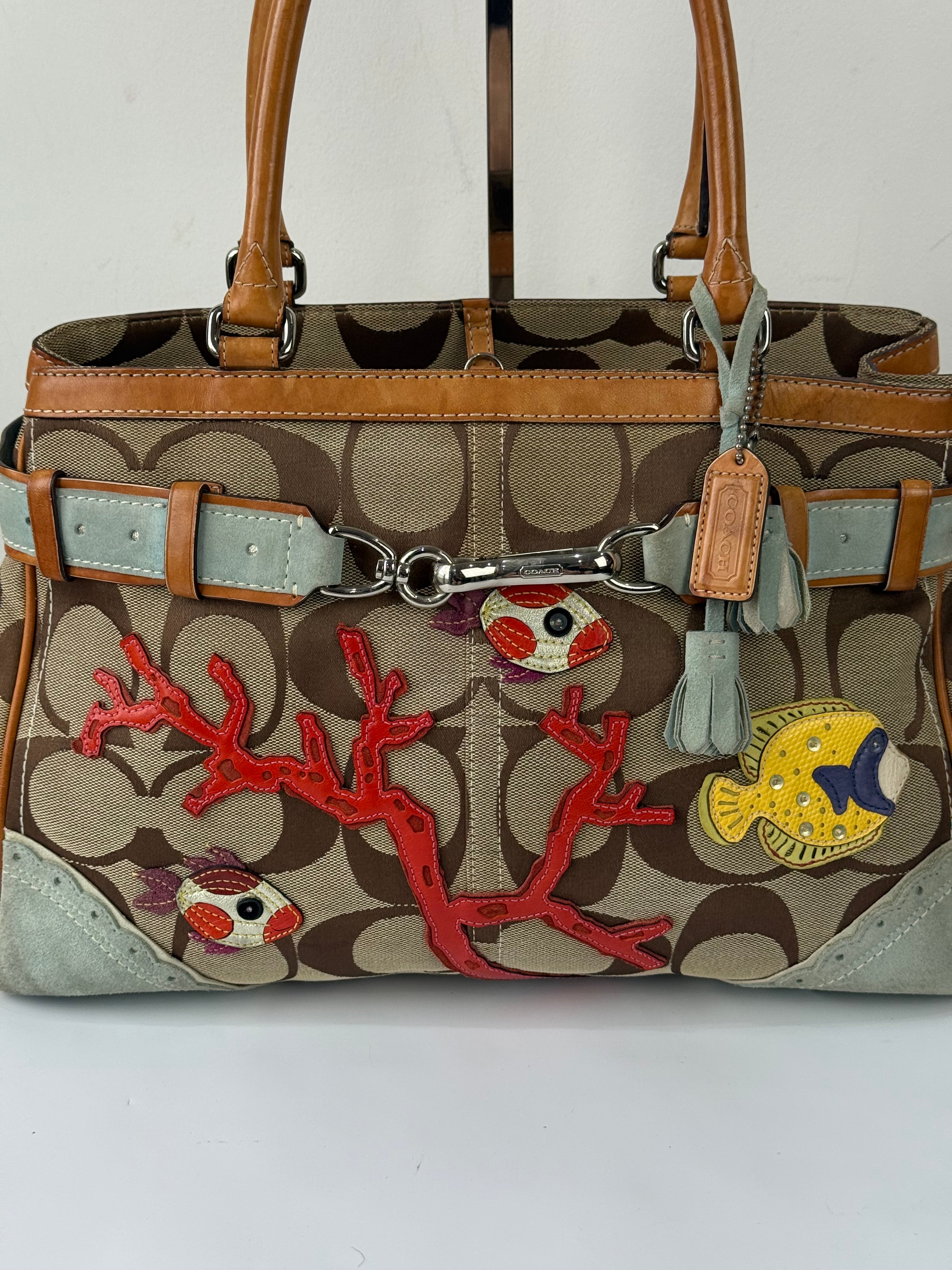 Super Rare Vintage Coach Signature Fish & Coral Appliqué Bag Coach Hampton Leather Satchel Handbag 00s Y2K