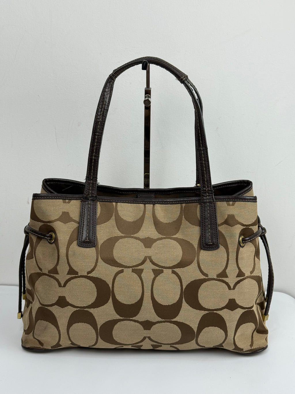 Vintage Coach Signature Stripe Carryall Tote Bag Beige Brown Coach Canvas HandBag 00s Y2K