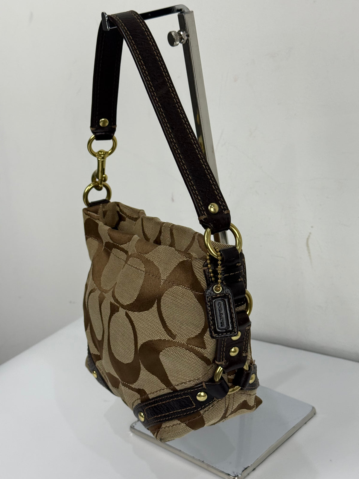 Vintage Coach Mini Carly Shoulder Bag Brown & Beige Signature Hobo Handbag 00s Y2K