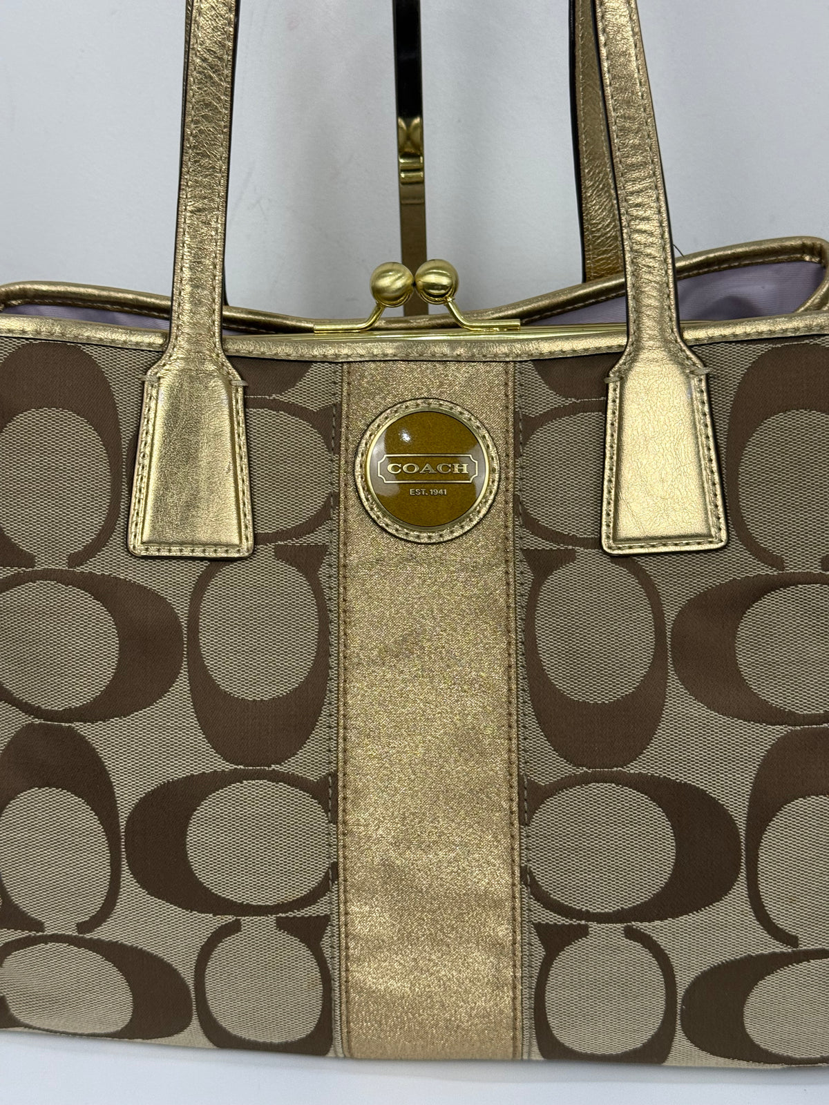Vintage Coach Signature Gold Stripe Kiss-lock Tote Bag Brown/Beige Coach Canvas HandBag 00s Y2K