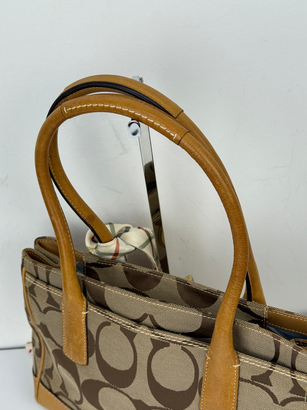 Vintage Coach Hampton Tote Bag Brown and Tan Coach Signature Monogram HandBag with Scarf 90s 00s Y2K Shoulder Bag
