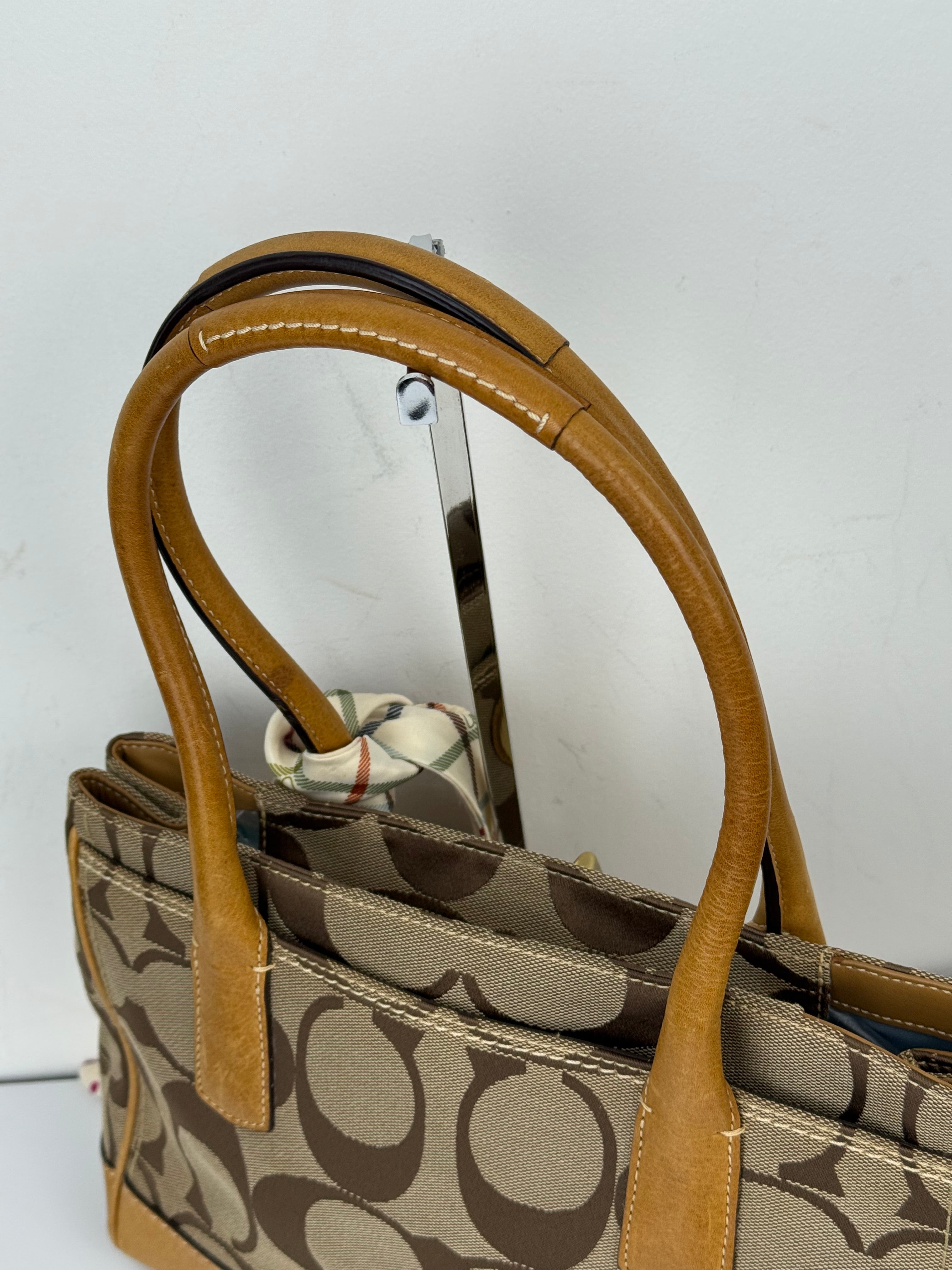 Vintage Coach Hampton Tote Bag Brown and Tan Coach Signature Monogram HandBag with Scarf 90s 00s Y2K Shoulder Bag