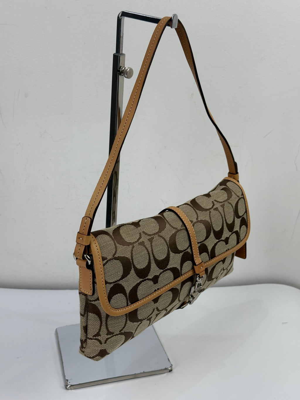 Vintage Coach Demi Clip Bag Brown Tan Signature Canvas Shoulder Bag Y2K