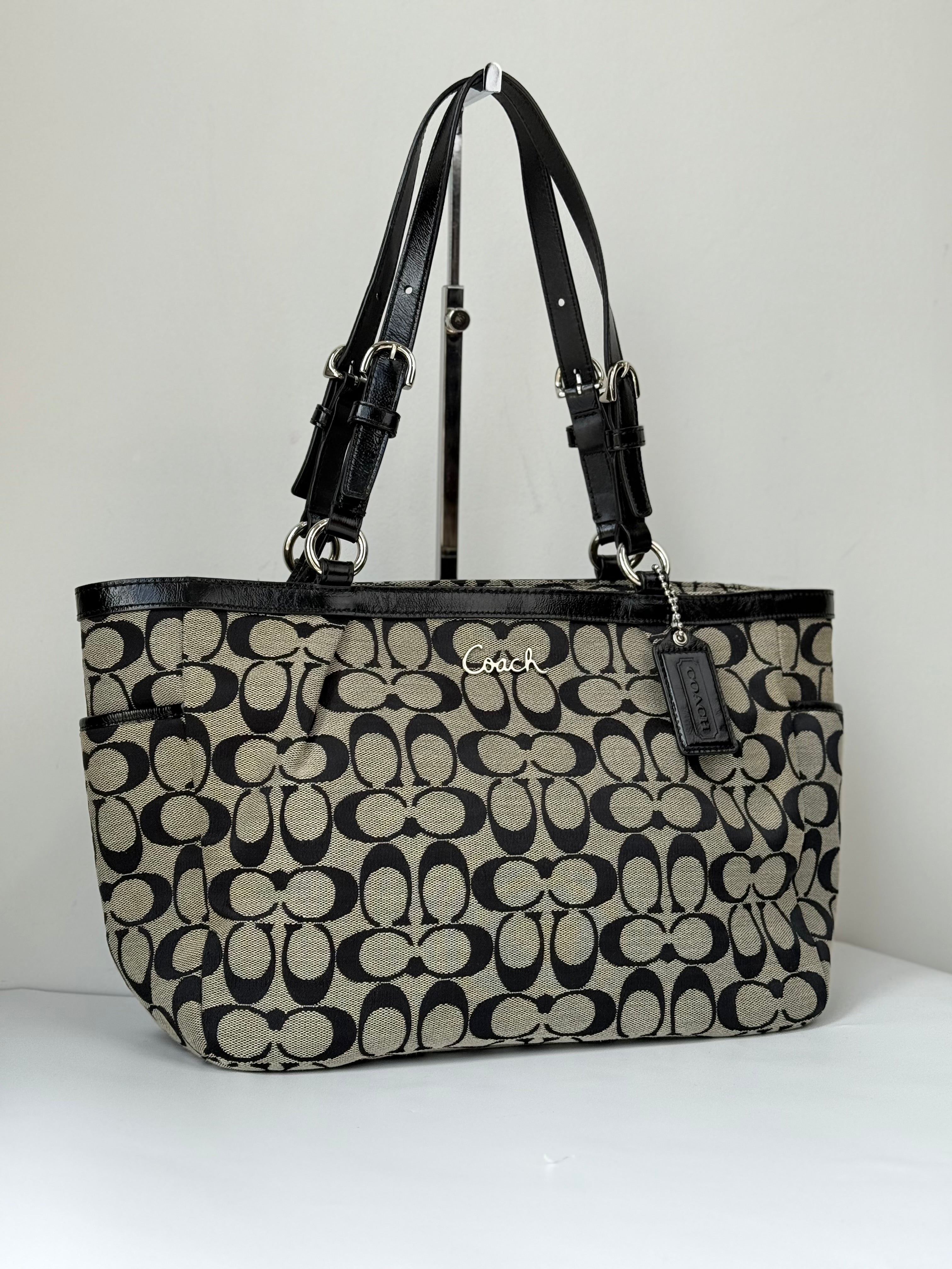 Vintage Coach Gallery Signature Tote Bag Grey & Black Coach Canvas Shoulder Bag 90s 00s Y2K