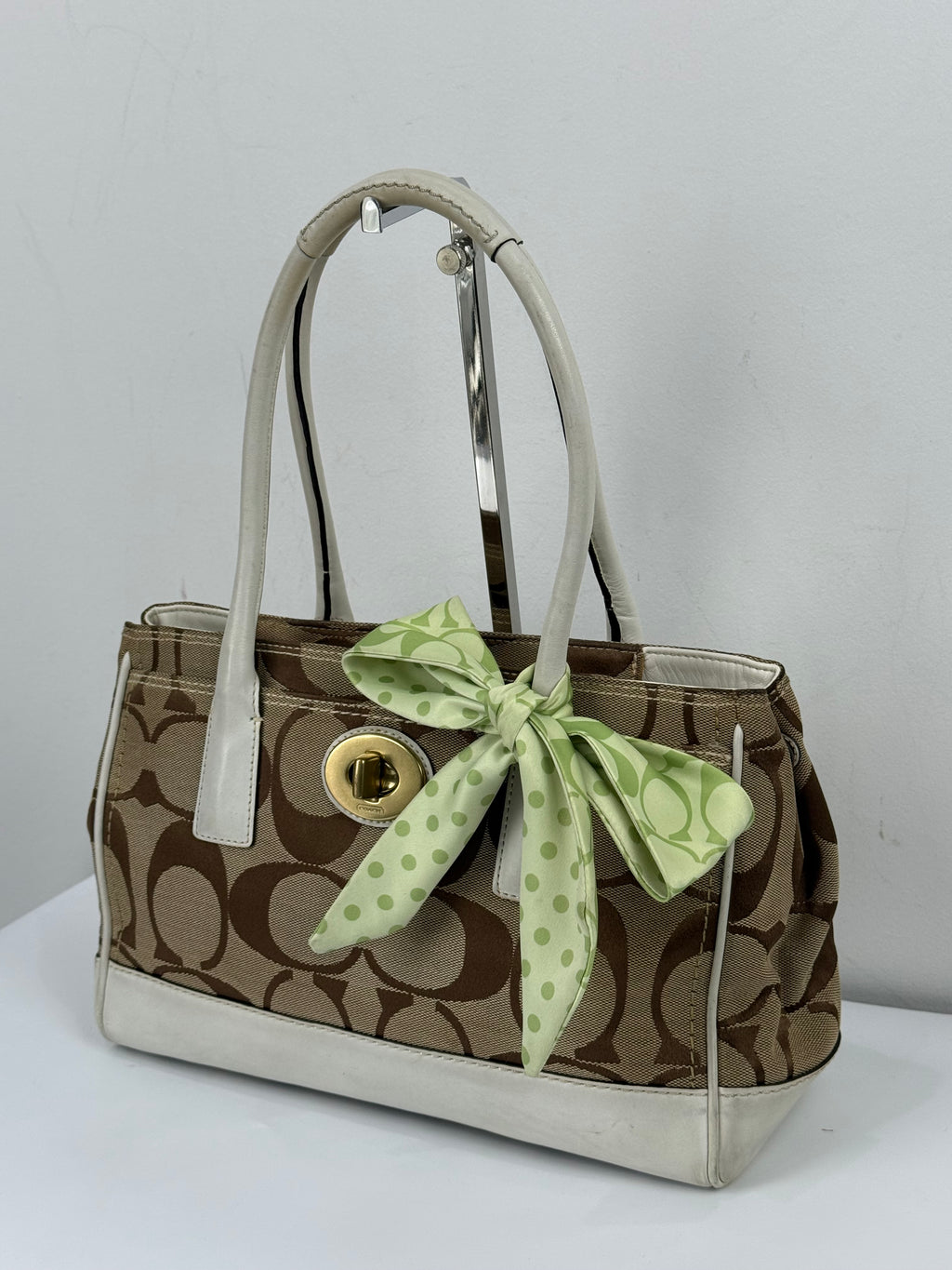 Vintage Coach Hampton Brown/White Tote Bag Coach Signature Y2K HandBag with Scarf