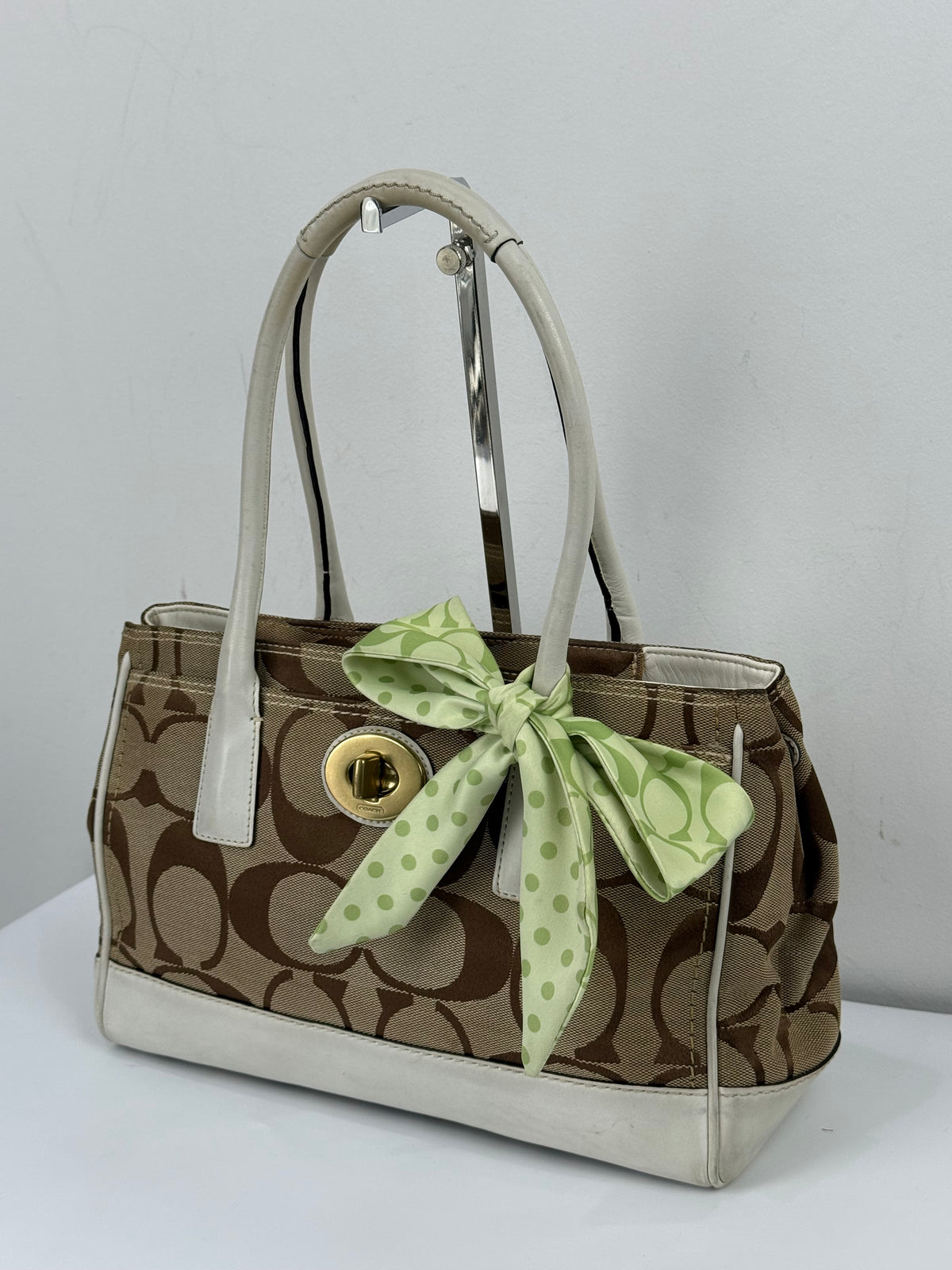 Vintage Coach Hampton Brown/White Tote Bag Coach Signature Y2K HandBag with Scarf