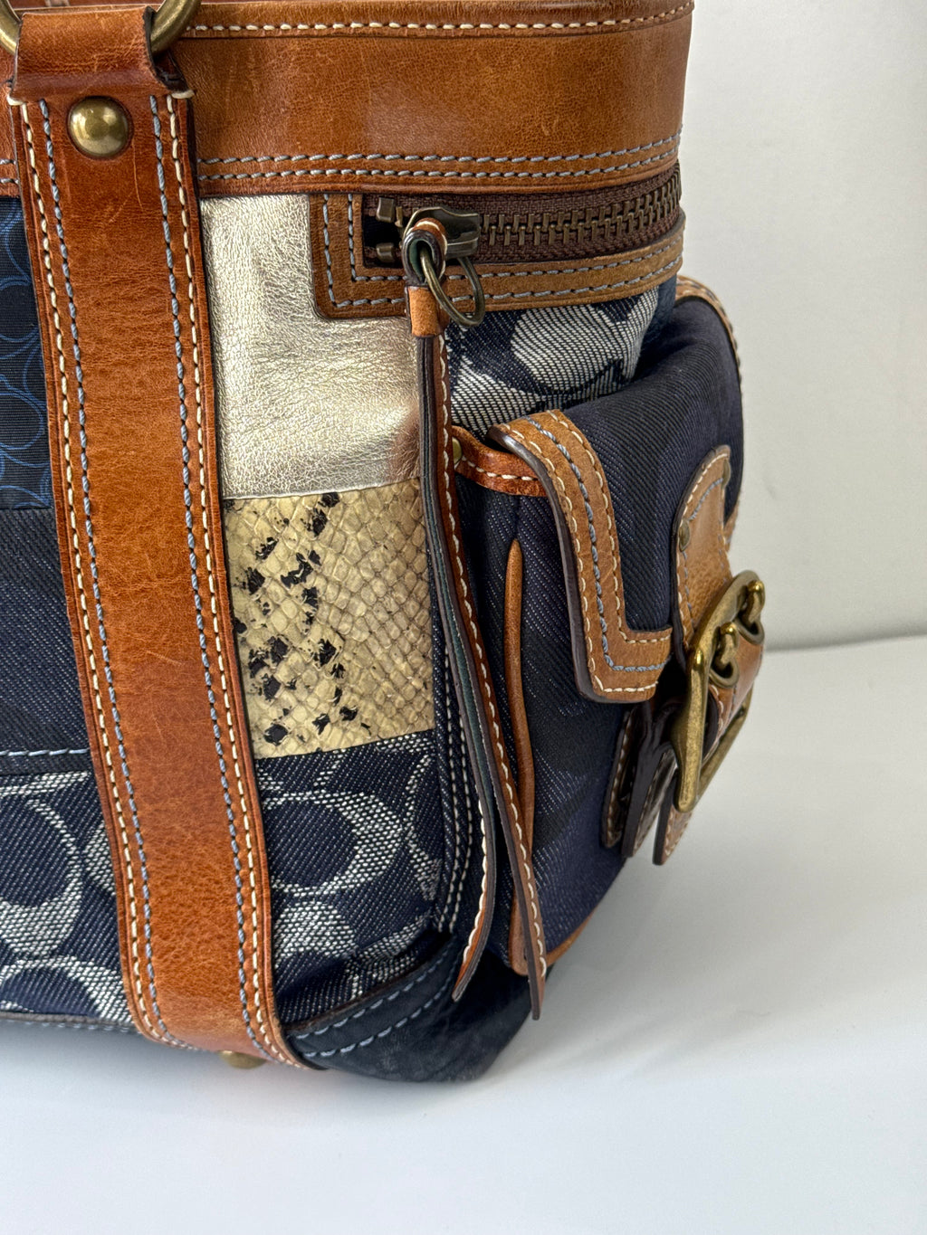 Vintage Coach Blue Denim Patchwork Tote Bag Coach Signature Leather Handbag 00s Y2K