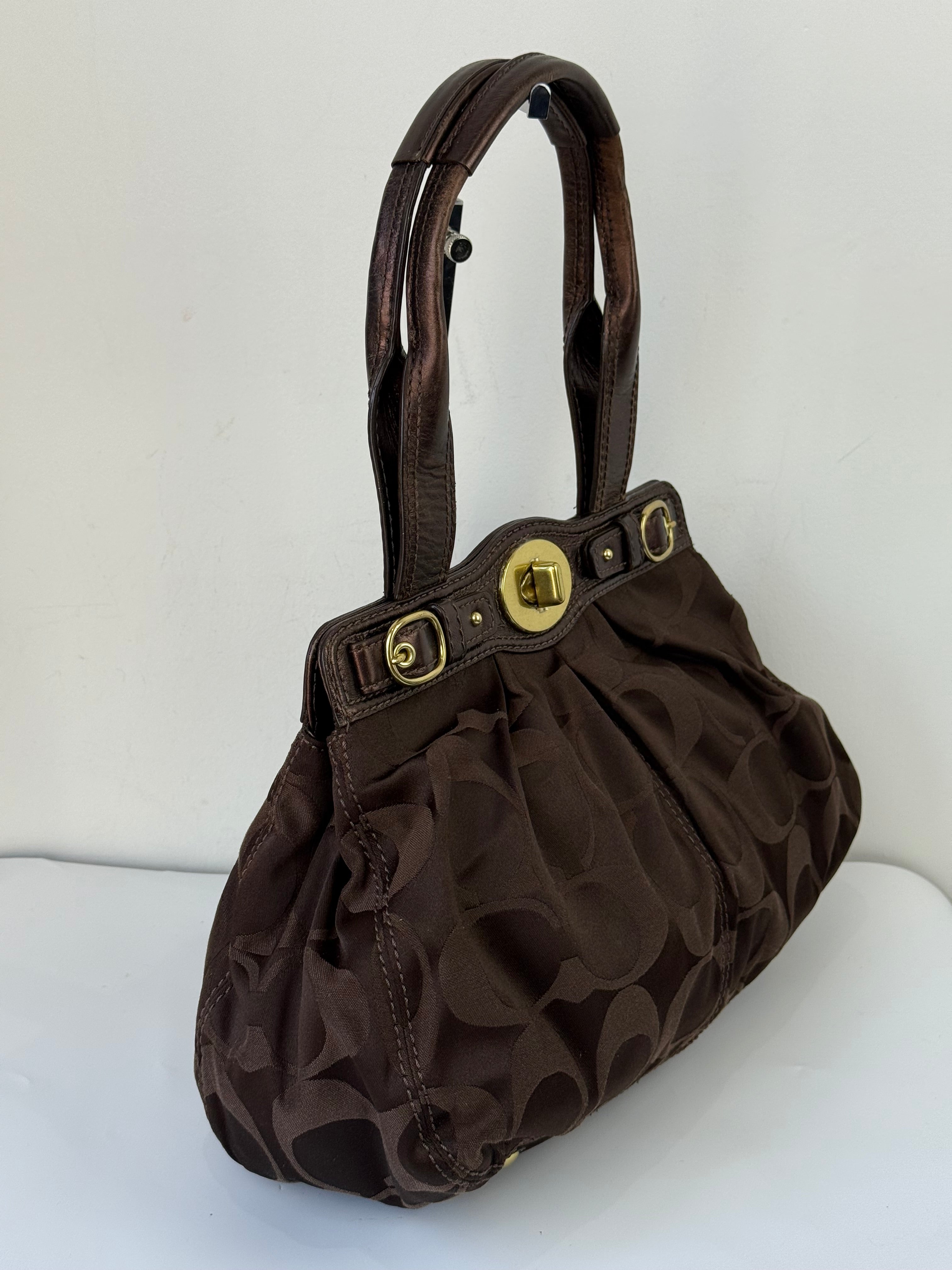 Vintage Coach Satin Pleeted TurnLock  Satchel Bag Brown Signature Coach Handbag 00s Y2K