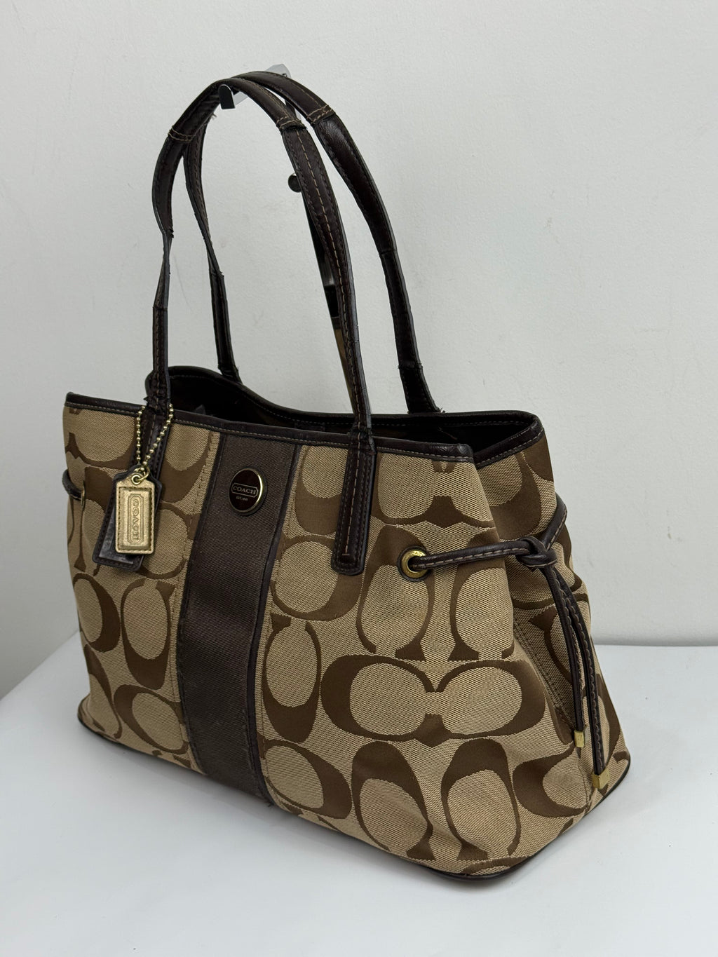 Vintage Coach Signature Stripe Carryall Tote Bag Beige Brown Coach Canvas HandBag 00s Y2K