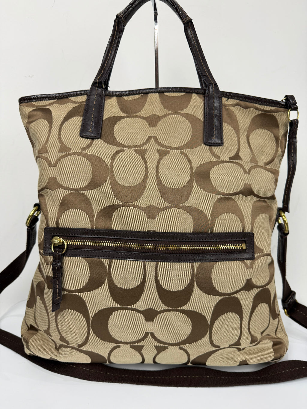 Vintage Coach Signature Stripe Fold over Tote Bag Brown/Beige Shoulder Bag Y2K