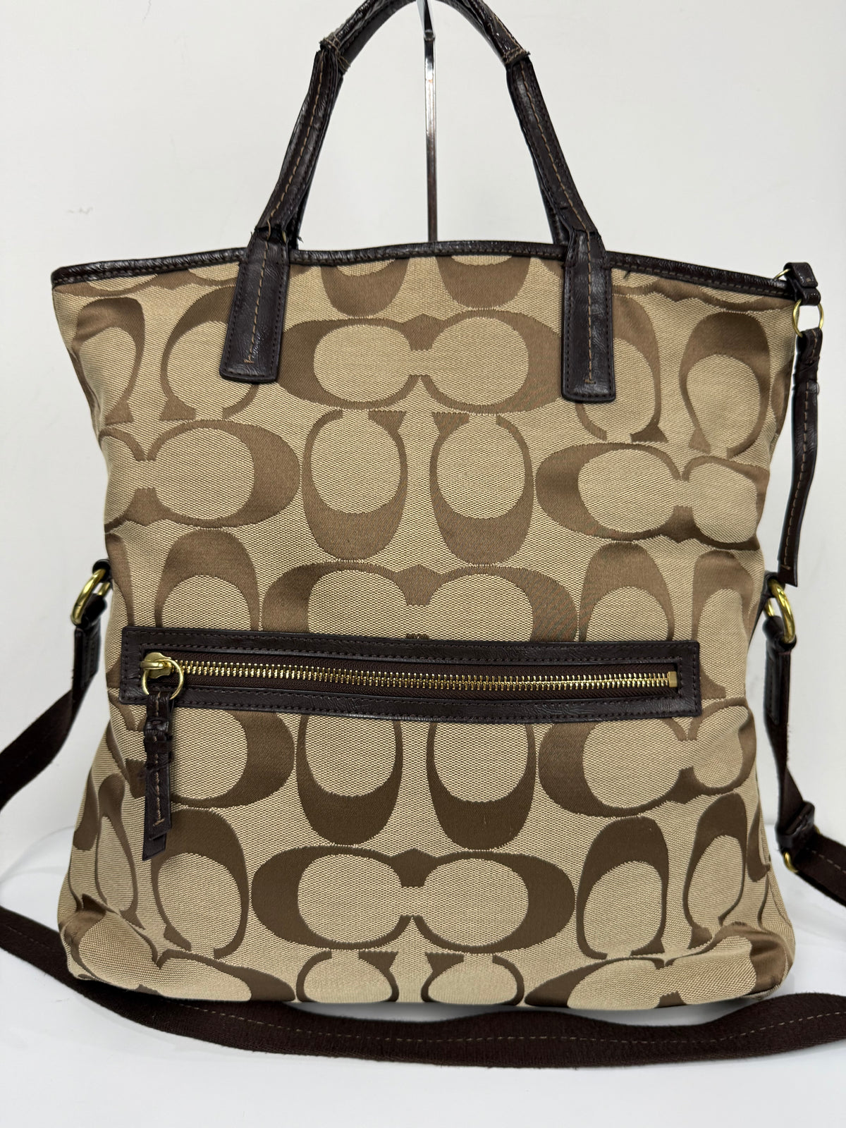 Vintage Coach Signature Stripe Fold over Tote Bag Brown/Beige Shoulder Bag Y2K