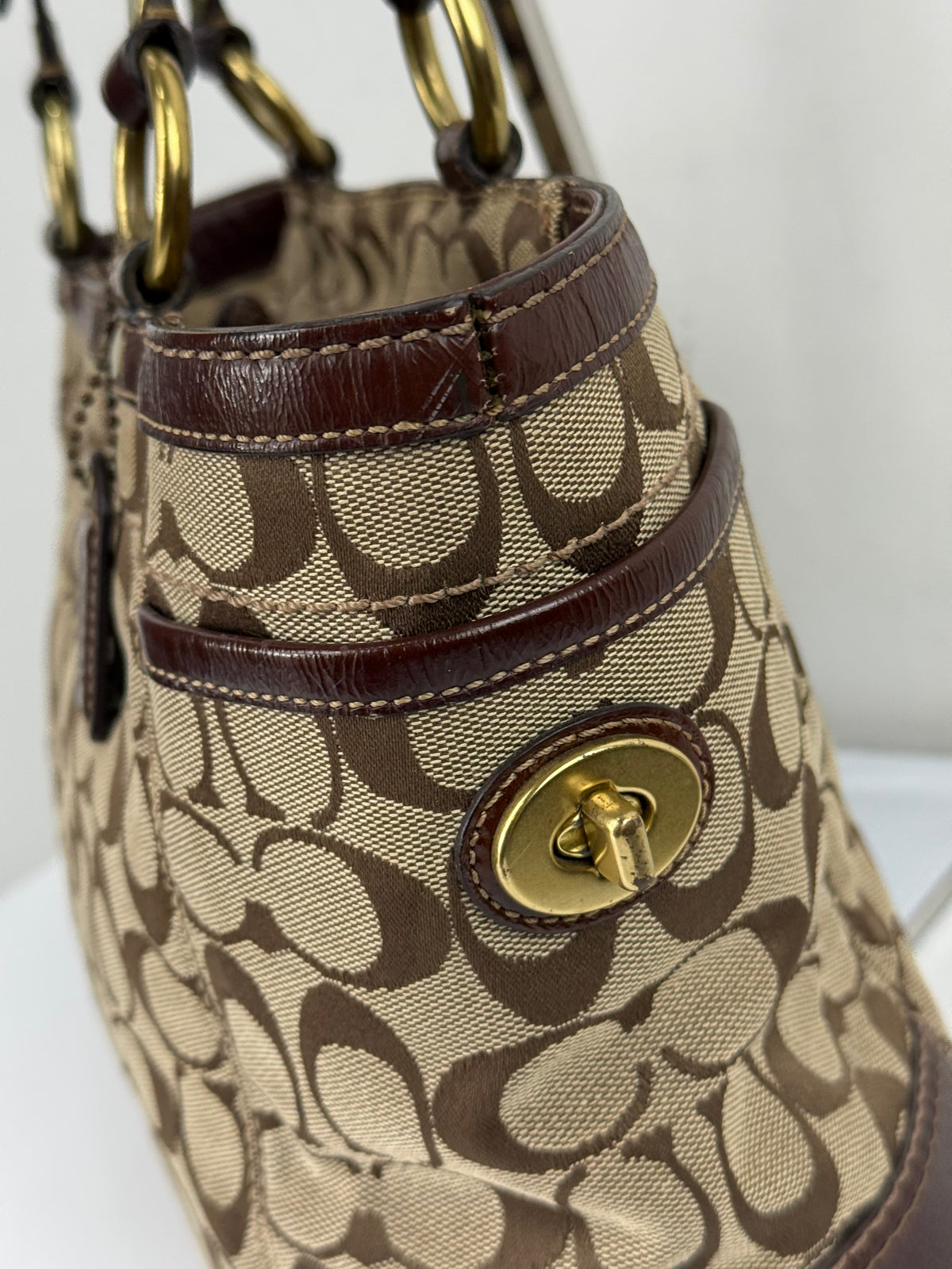 Vintage Coach Gallery Tote Bag Beige & Brown Signature Shoulder Bag 00s Y2K