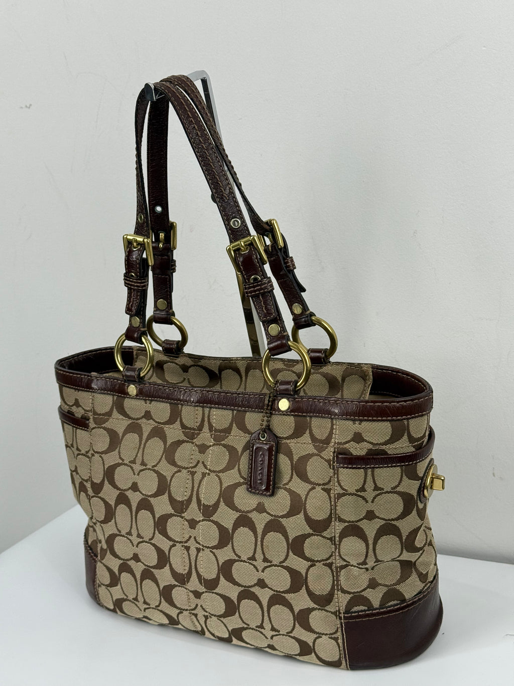 Vintage Coach Gallery Tote Bag Beige & Brown Signature Shoulder Bag 00s Y2K