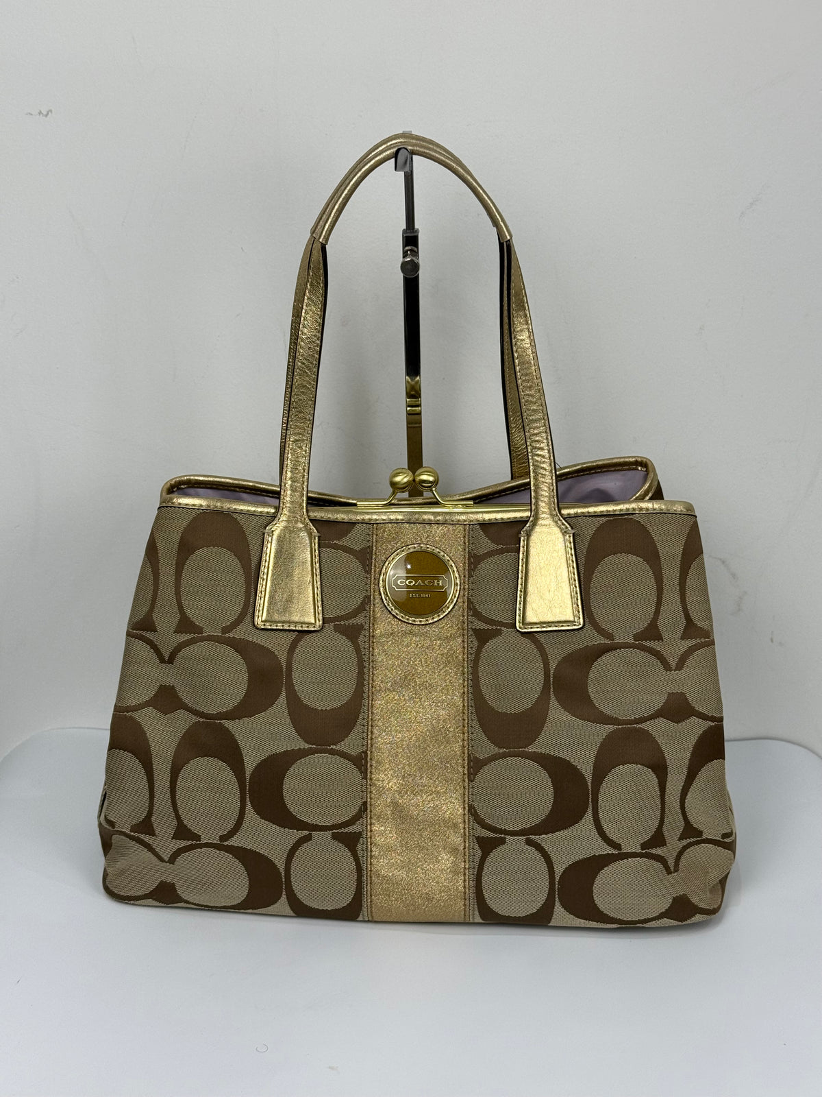 Vintage Coach Signature Gold Stripe Kiss-lock Tote Bag Brown/Beige Coach Canvas HandBag 00s Y2K