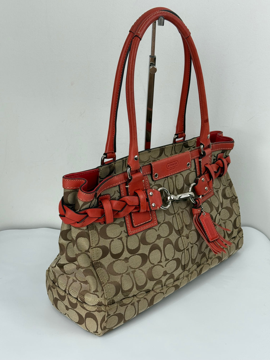 Vintage Coach Hampton Bag Coral Leather Shoulder Bag Signature Handbag 00s Y2K