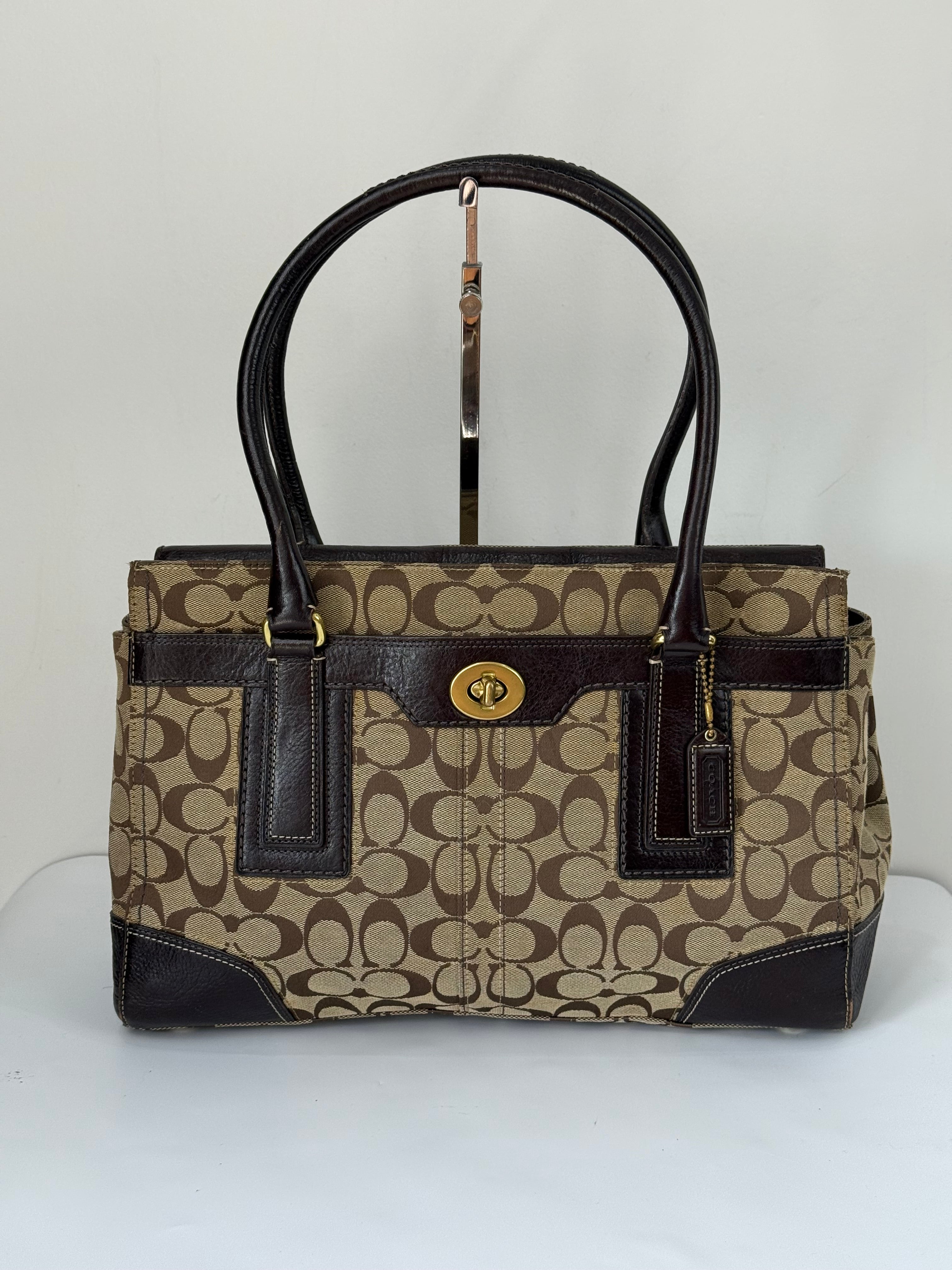 Vintage Coach Hampton Tote Bag Brown & Beige Signature Shoulder Bag 00s Y2K Handbag