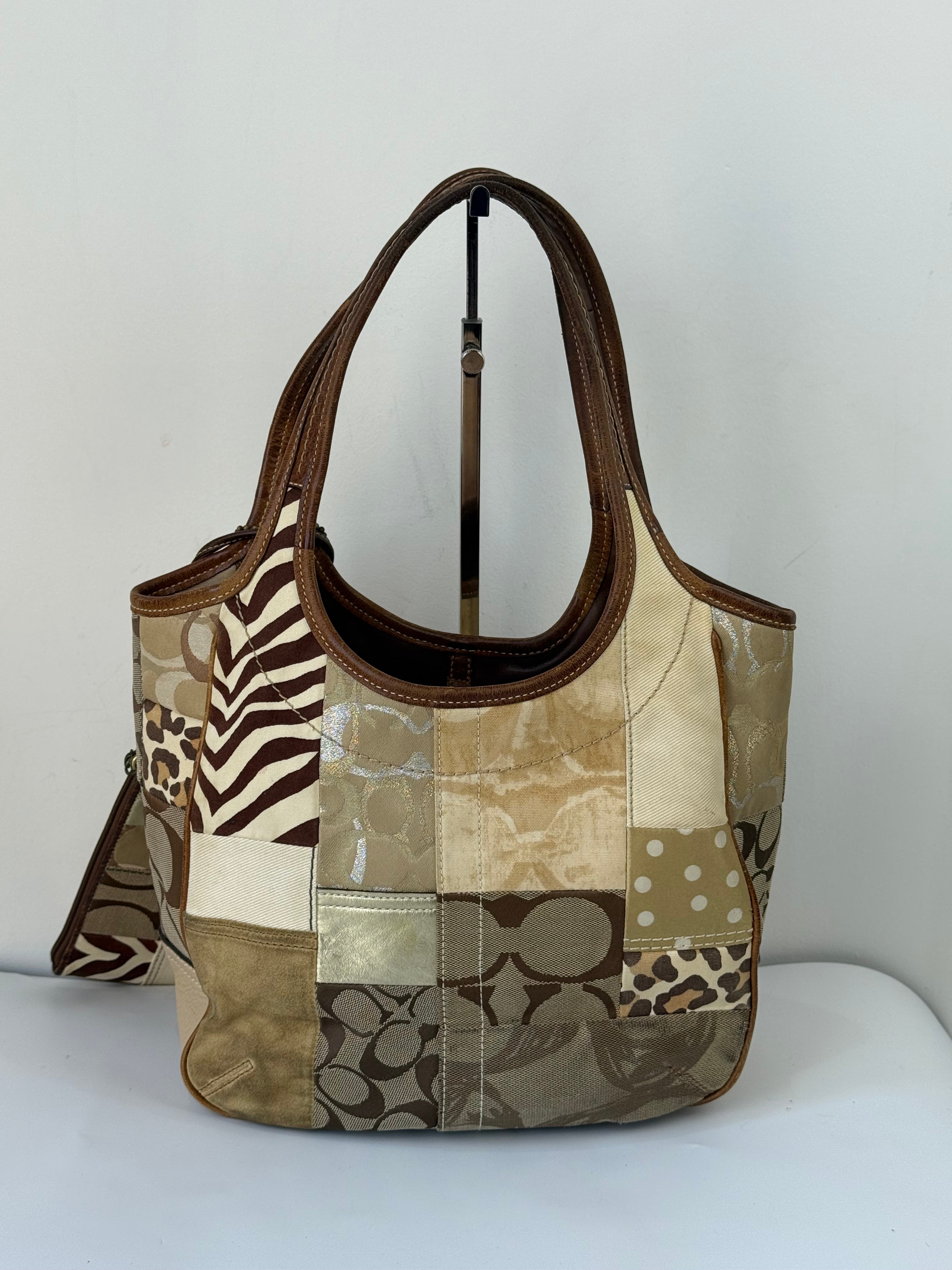 Vintage Coach Ergo Patchwork Tote Bag Bag Brown Signature Canvas Handbag with Coin Purse 00s Y2K