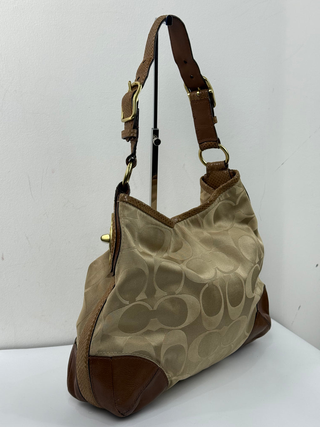 Vintage Coach Peyton Signature Satin Hobo Bag Beige & Brown Coach Shoulder Bag 00s Y2K