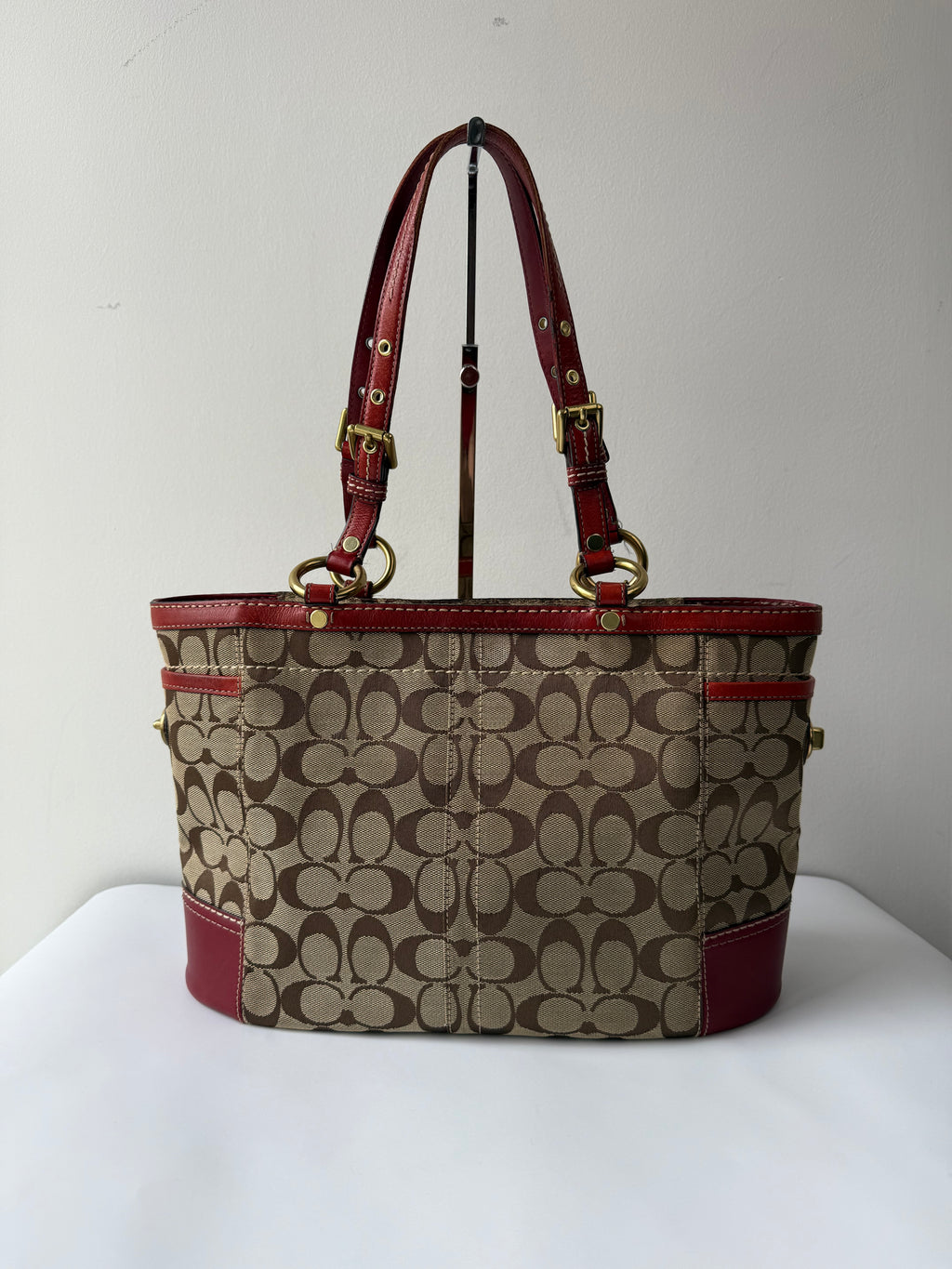 Vintage Coach Gallery Tote Bag Beige Brown Signature Red Leather Shoulder Bag