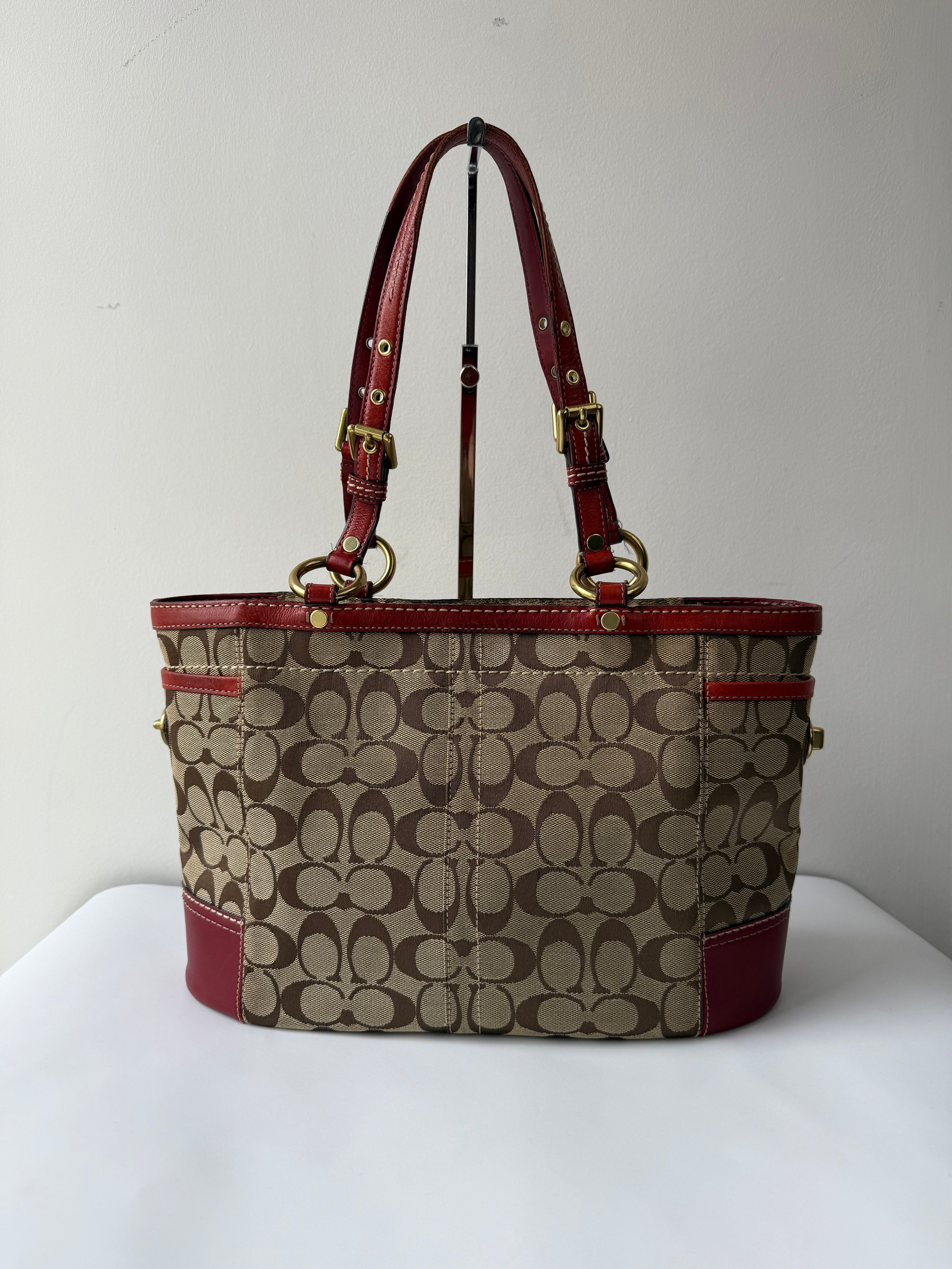 Vintage Coach Gallery Tote Bag Beige Brown Signature Red Leather Shoulder Bag