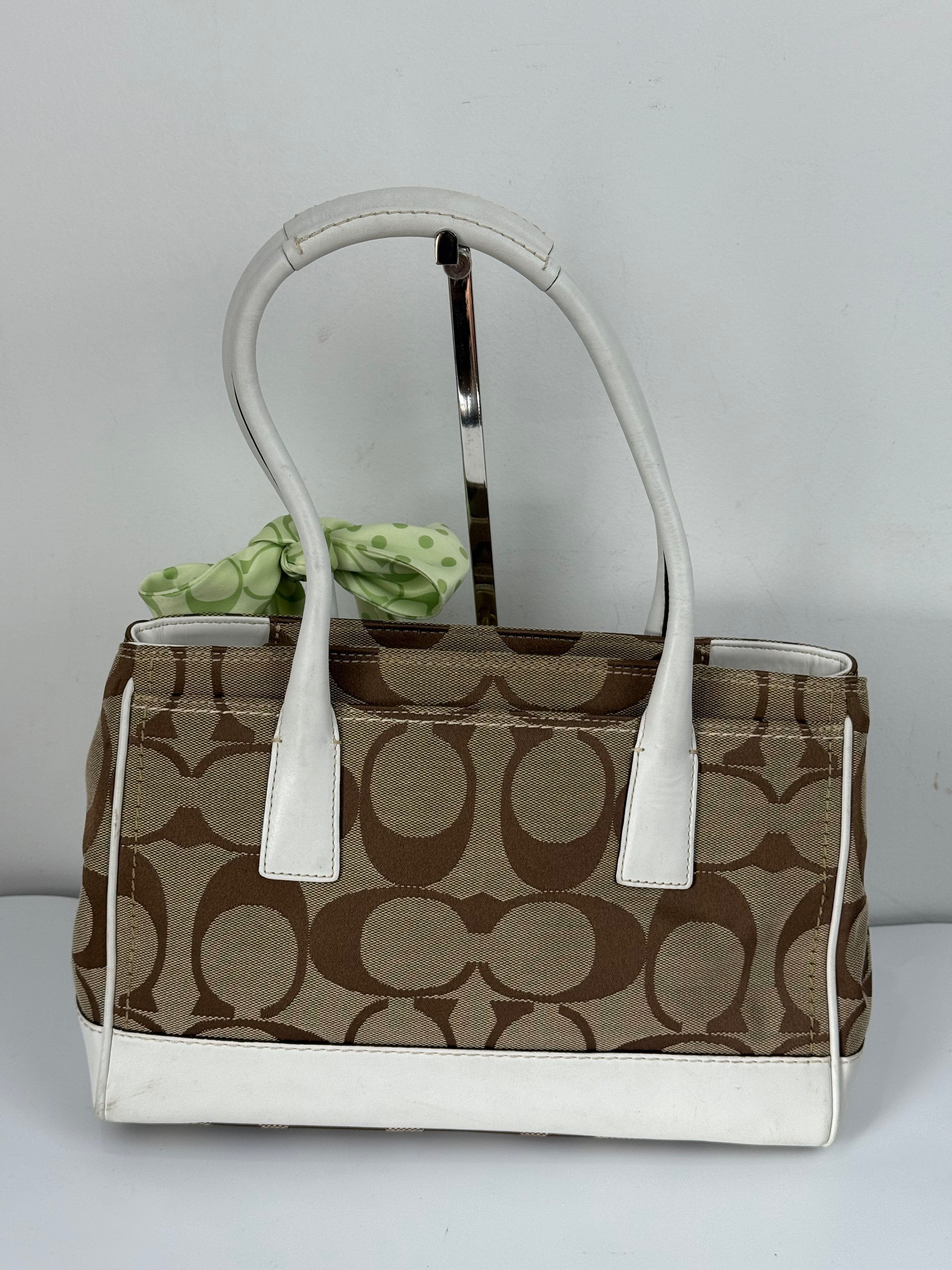 Vintage Coach Hampton Brown/White Tote Bag Coach Signature Y2K HandBag with Scarf