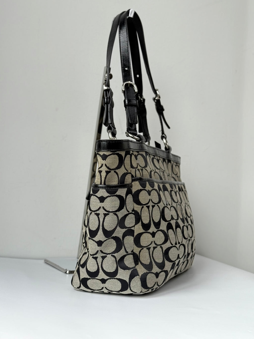 Vintage Coach Gallery Signature Tote Bag Grey & Black Coach Canvas Shoulder Bag 90s 00s Y2K