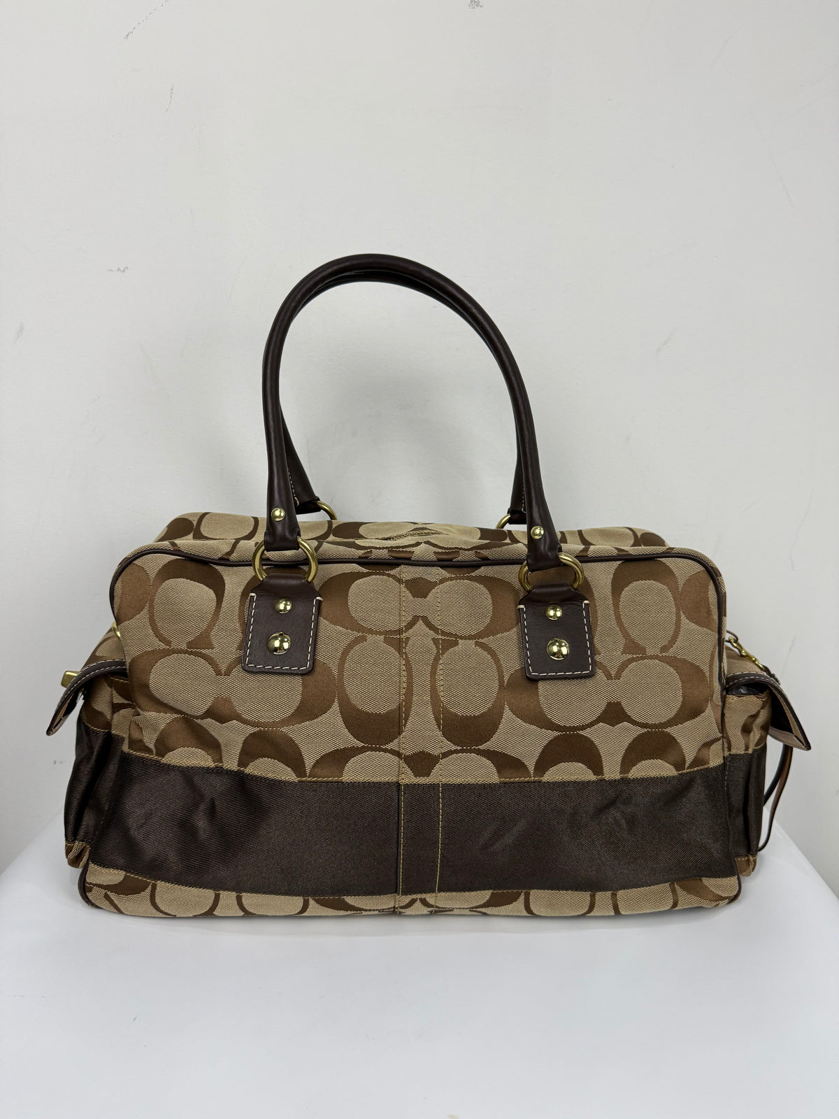 Vintage Coach Boston Travel Carry-On Bag Brown Signature Stripe Duffle Bag 00s Y2K