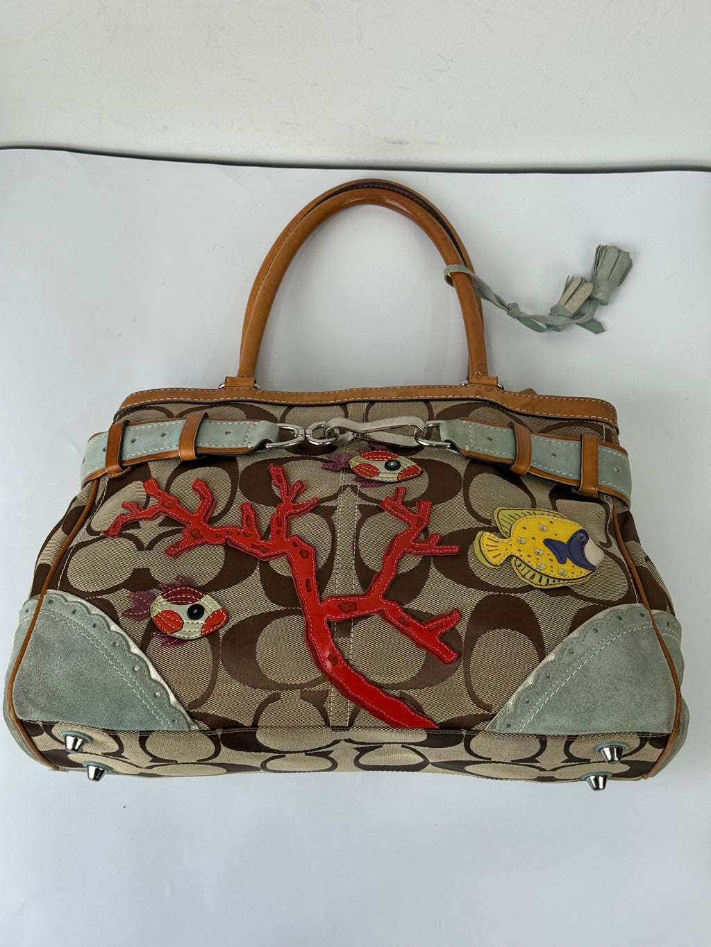 Super Rare Vintage Coach Signature Fish & Coral Appliqué Bag Coach Hampton Leather Satchel Handbag 00s Y2K