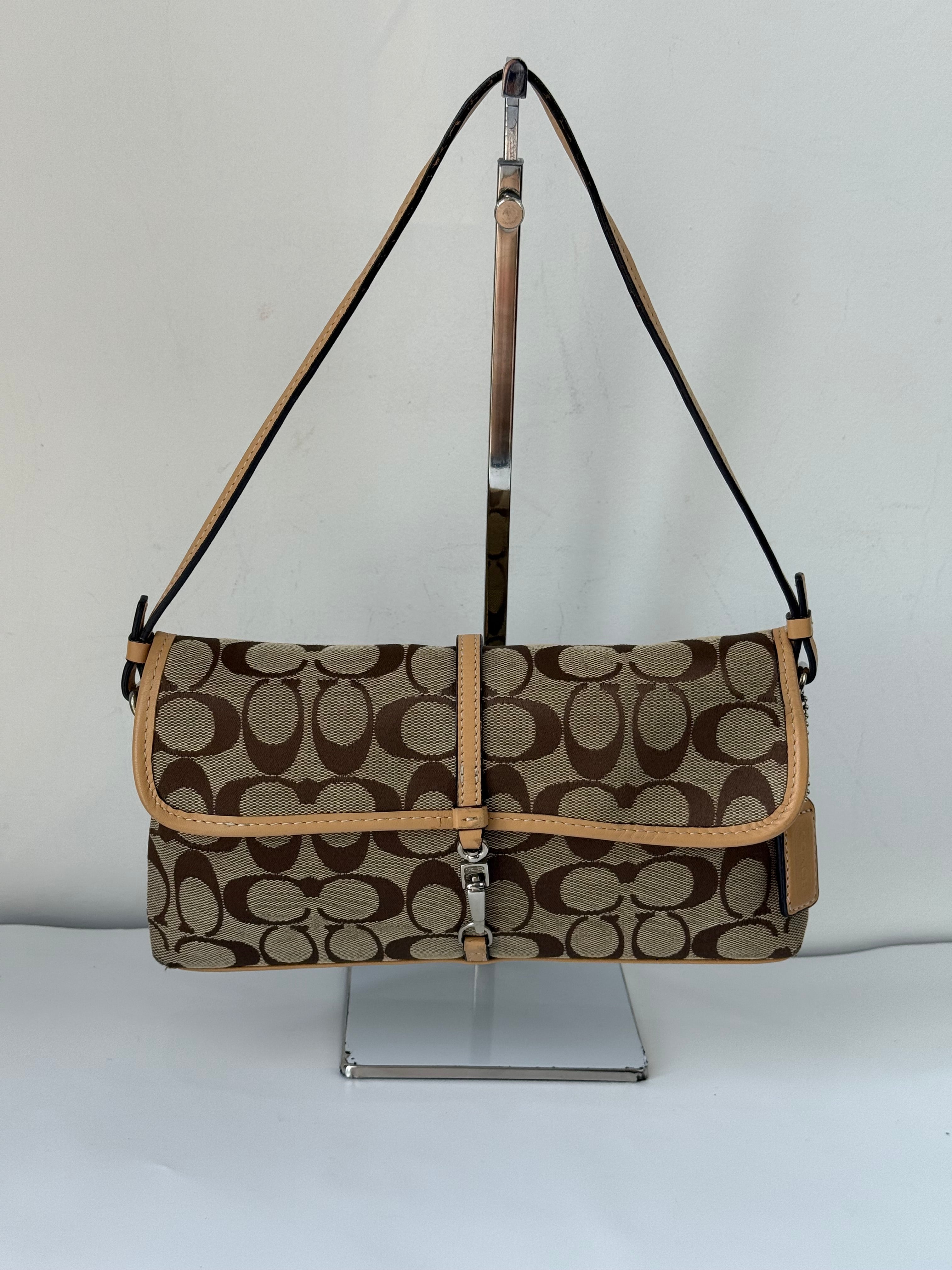 Vintage Coach Demi Clip Bag Brown Tan Signature Canvas Shoulder Bag Y2K