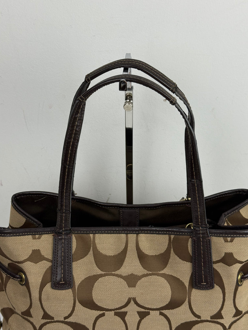 Vintage Coach Signature Stripe Carryall Tote Bag Beige Brown Coach Canvas HandBag 00s Y2K
