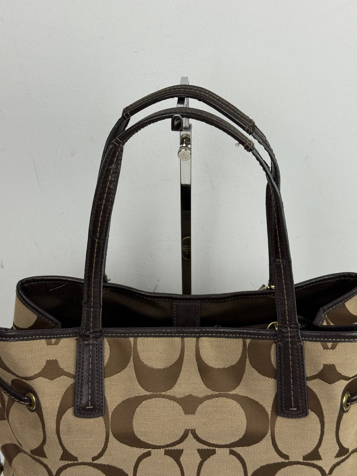 Vintage Coach Signature Stripe Carryall Tote Bag Beige Brown Coach Canvas HandBag 00s Y2K