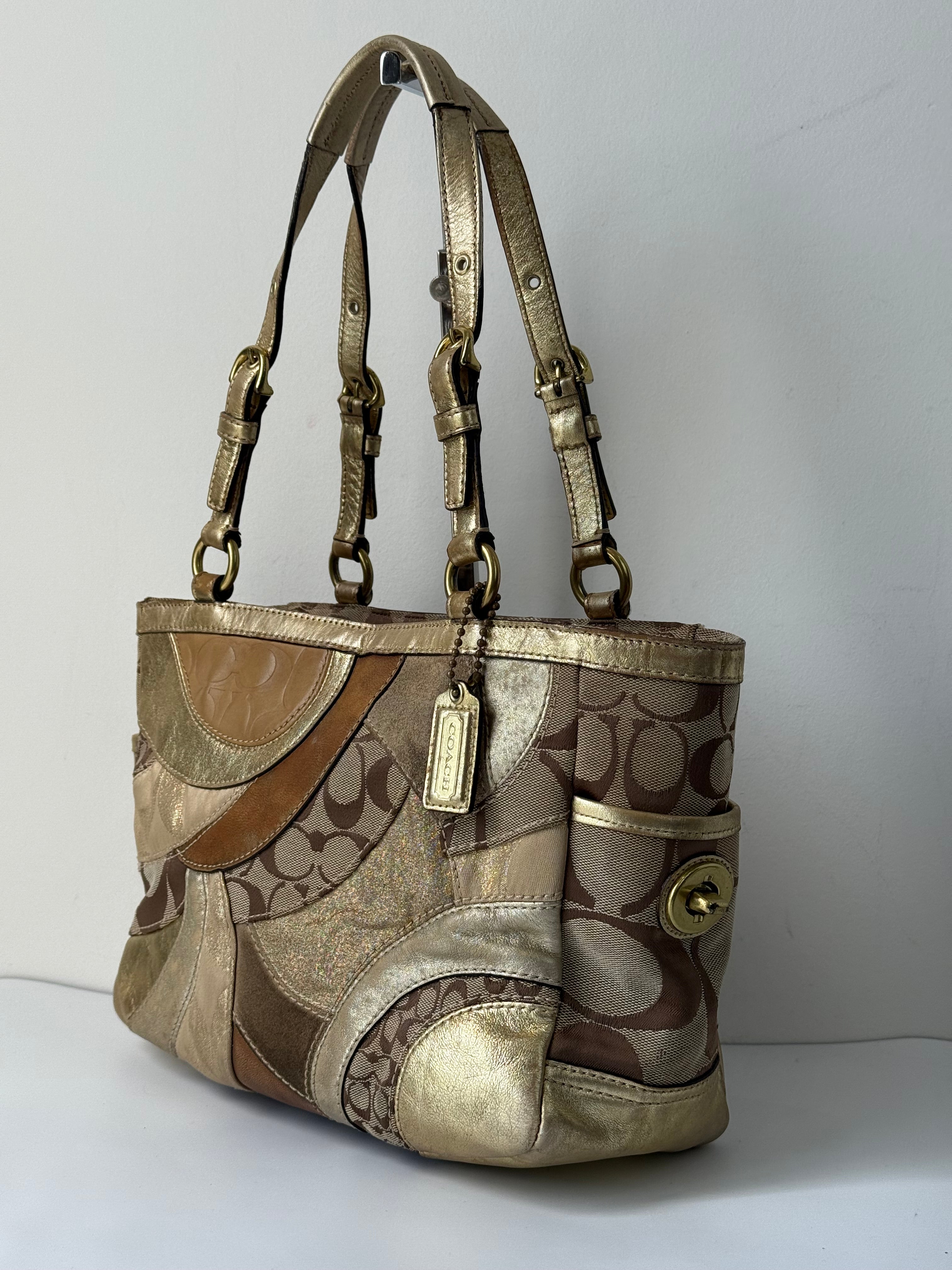 Vintage Coach Gold Multicolour Patchwork Tote Bag Coach Signature Handbag 00s Y2K