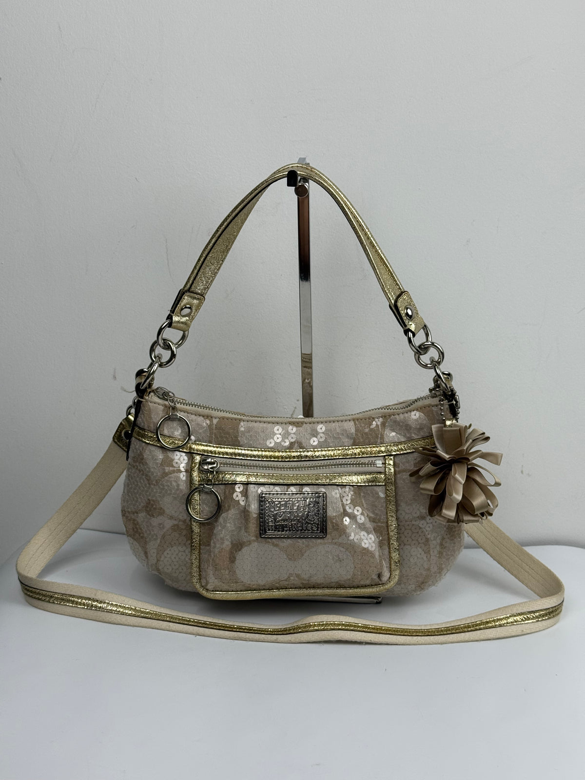 Vintage Coach Sequin Poppy Shoulder Bag Beige/Gold Handbag 00s Y2K