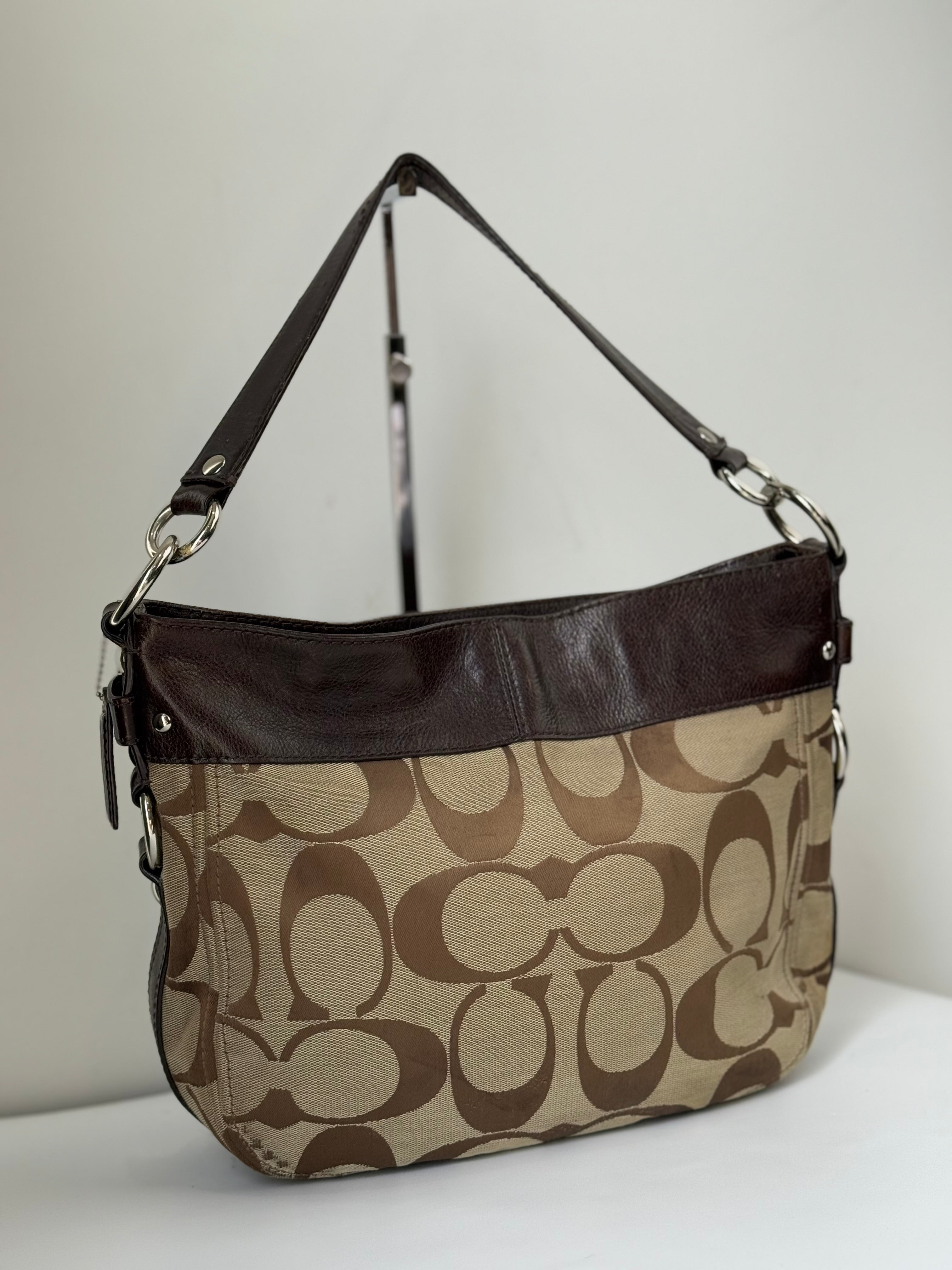 Vintage Coach Zoe Signature Bag Brown Khaki/Mahogany Canvas Shoulder Bag 00s Y2K
