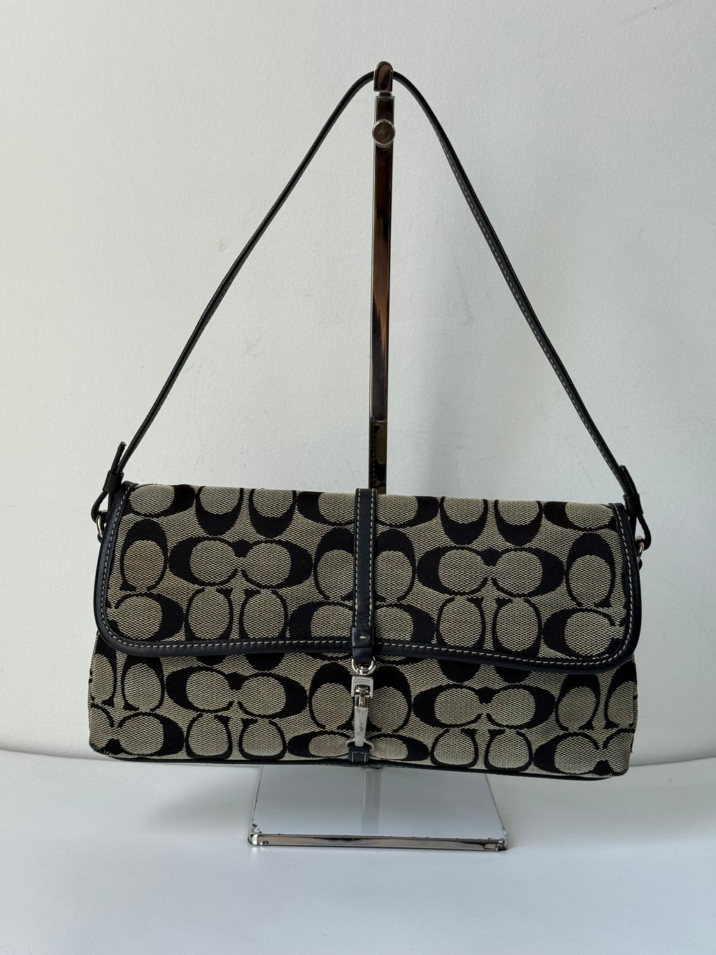 Vintage Coach Demi Clip Bag Grey and Black Signature Canvas Shoulder Bag Y2K