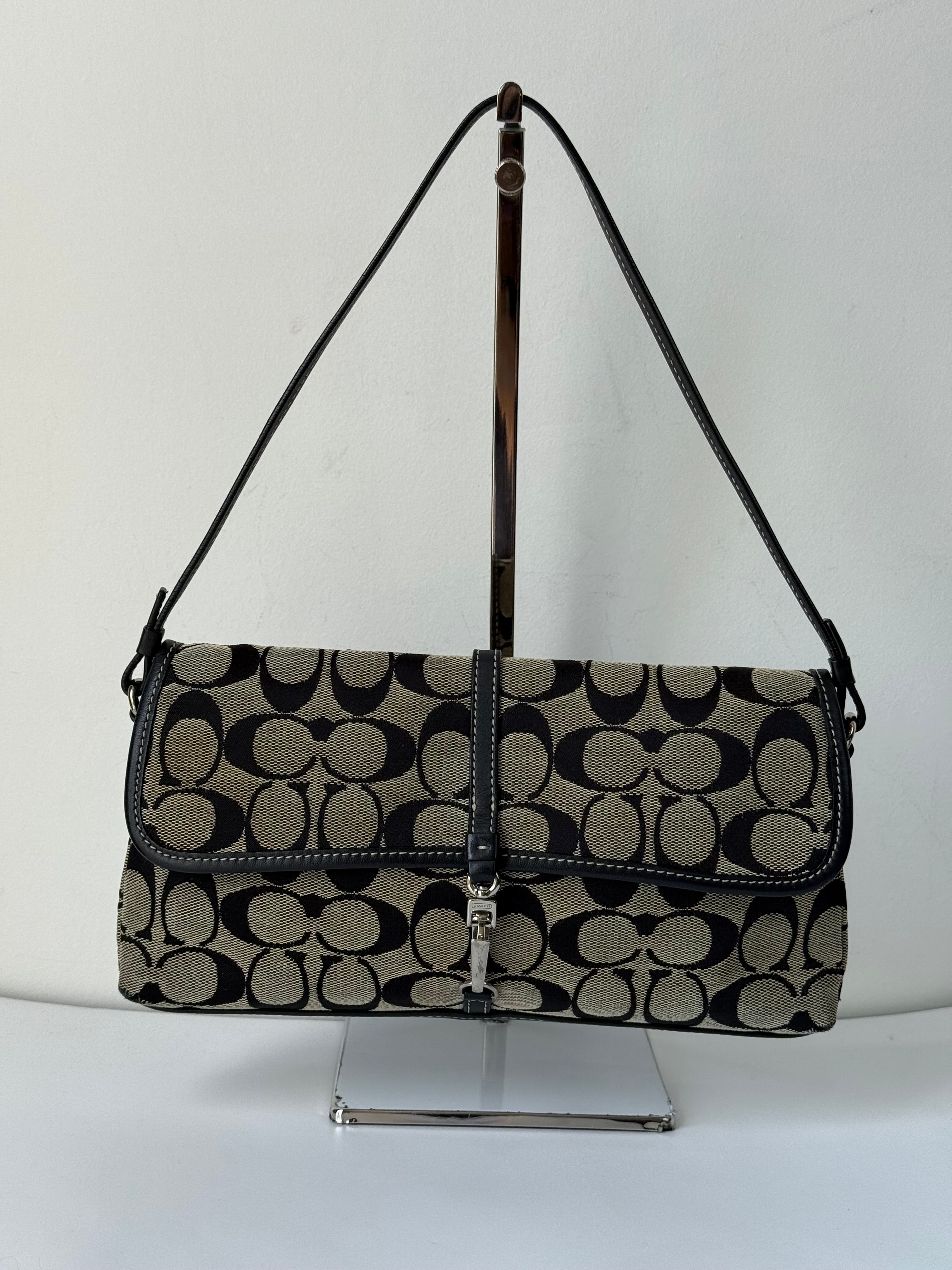 Vintage Coach Demi Clip Bag Grey and Black Signature Canvas Shoulder Bag Y2K