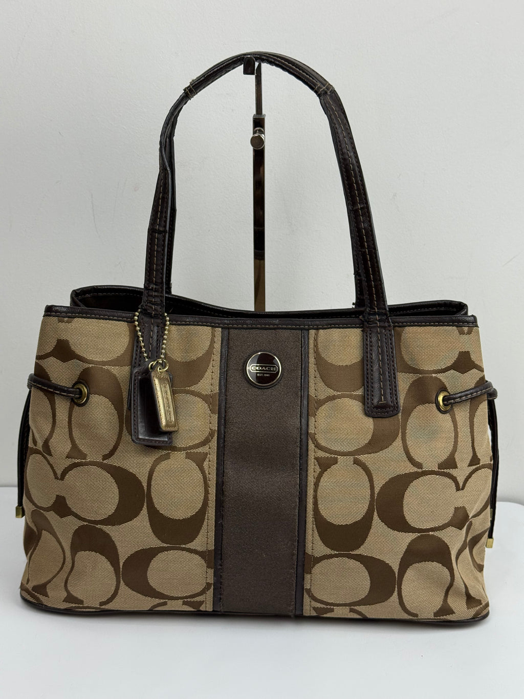 Vintage Coach Signature Stripe Carryall Tote Bag Beige Brown Coach Canvas HandBag 00s Y2K