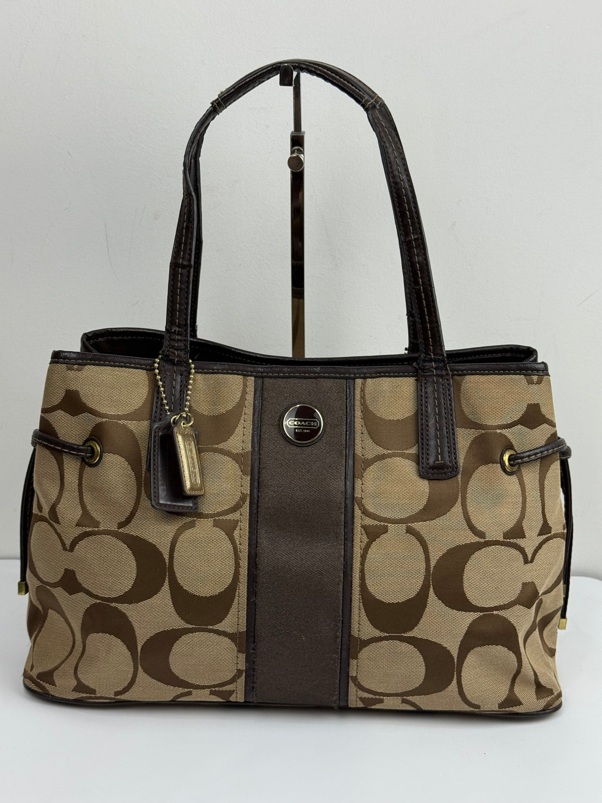 Vintage Coach Signature Stripe Carryall Tote Bag Beige Brown Coach Canvas HandBag 00s Y2K