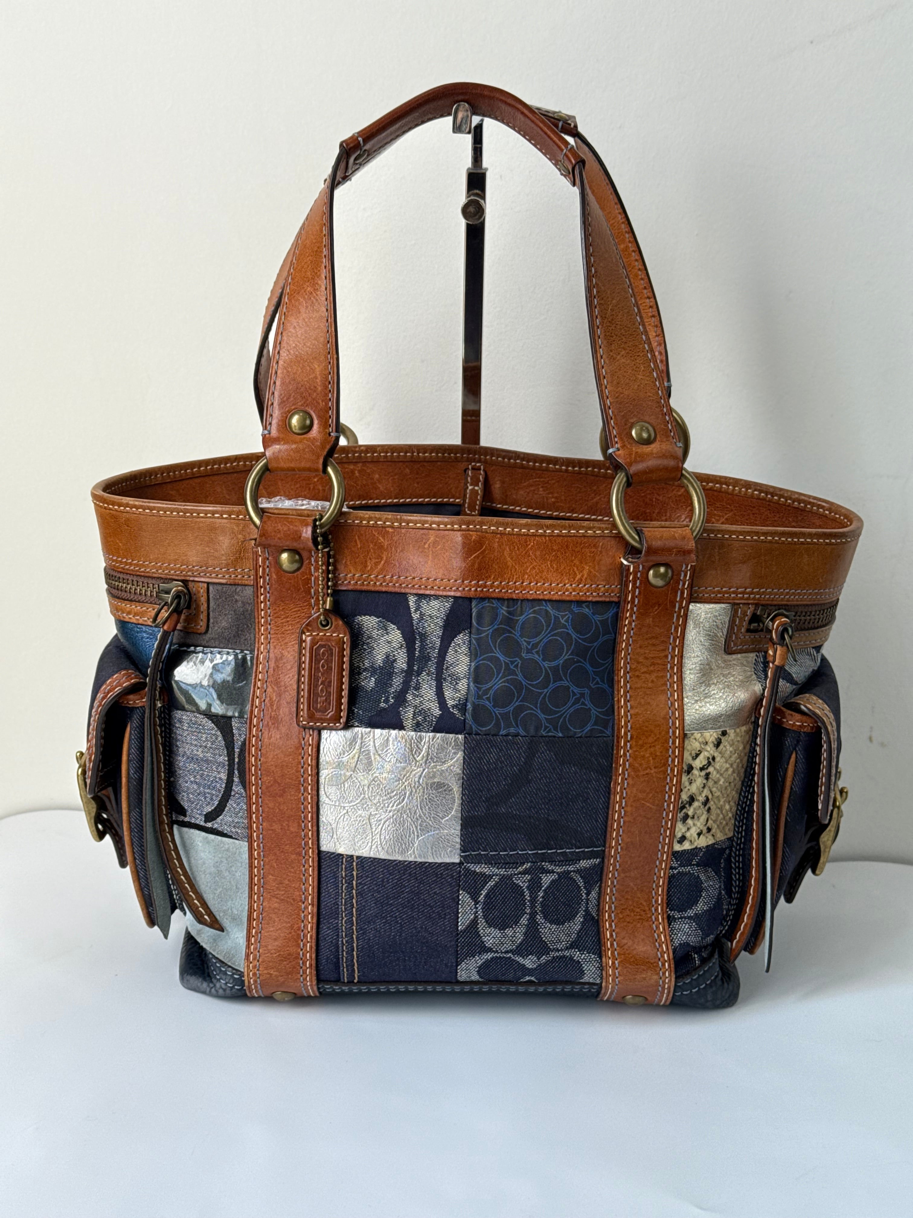 Vintage Coach Blue Denim Patchwork Tote Bag Coach Signature Leather Handbag 00s Y2K